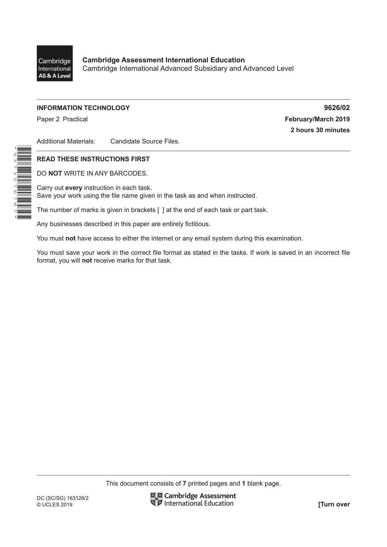 Cambridge A Level Information Technology (from 2017) 9626 2019 Feb/March Paper 2 · Variant 0 question paper, page 1 of 8