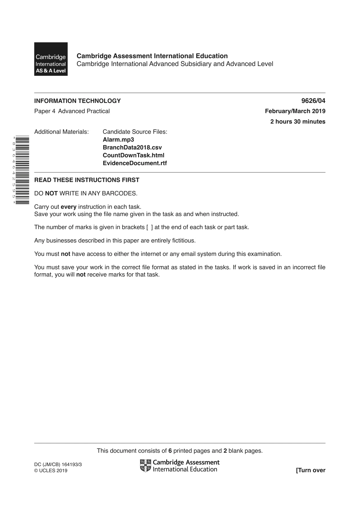 Cambridge A Level Information Technology (from 2017) 9626 2019 Feb/March Paper 4 · Variant 0 question paper, page 1 of 8