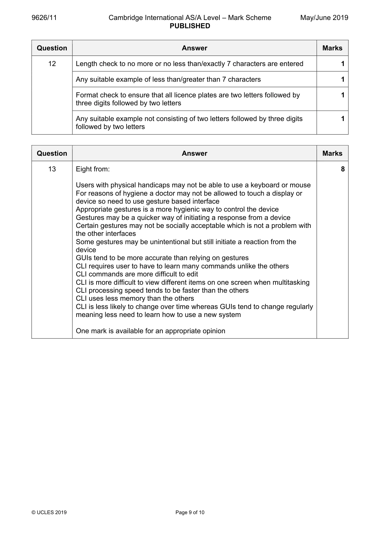 Mark scheme, page 9 of 10