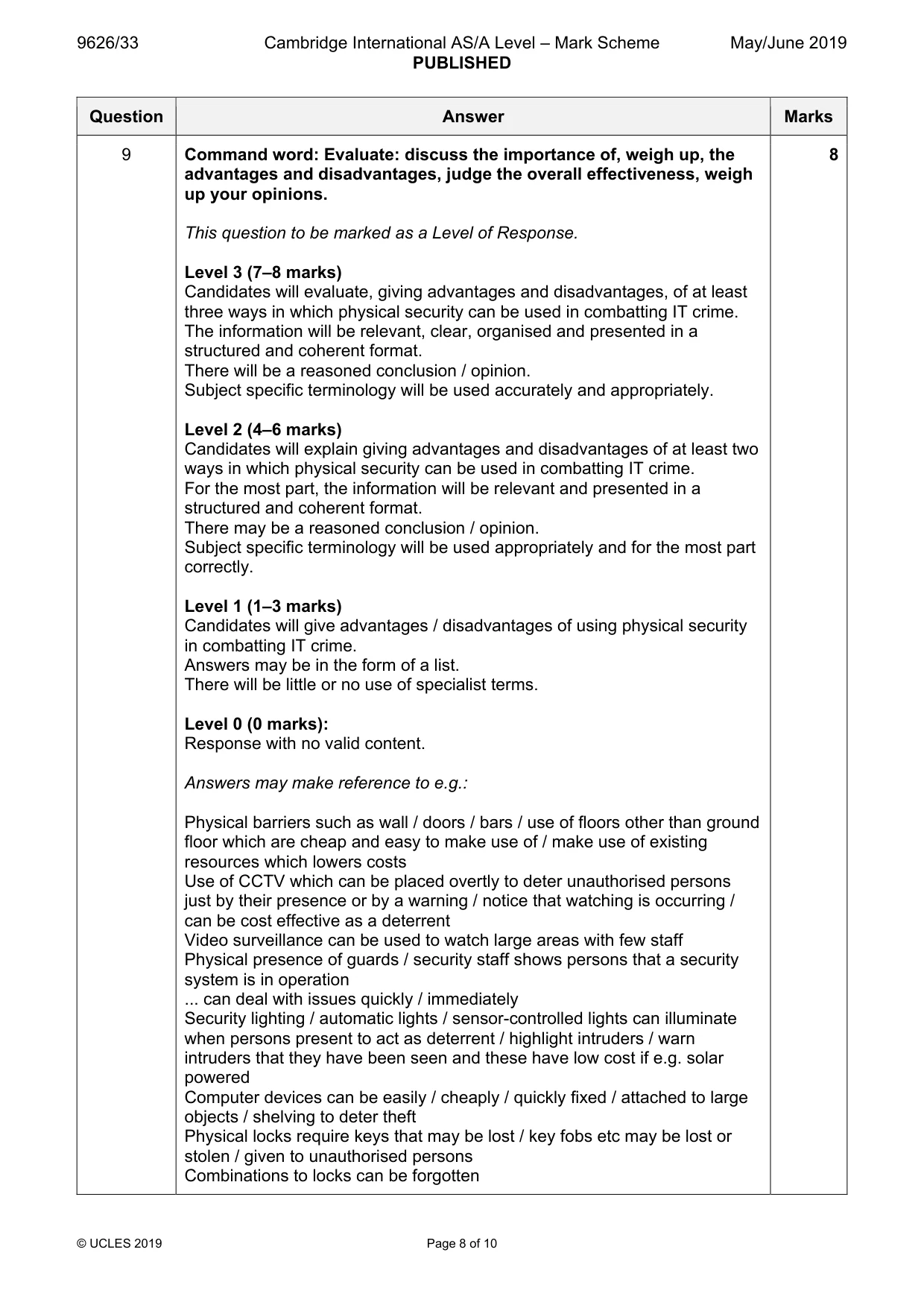 Mark scheme, page 8 of 10
