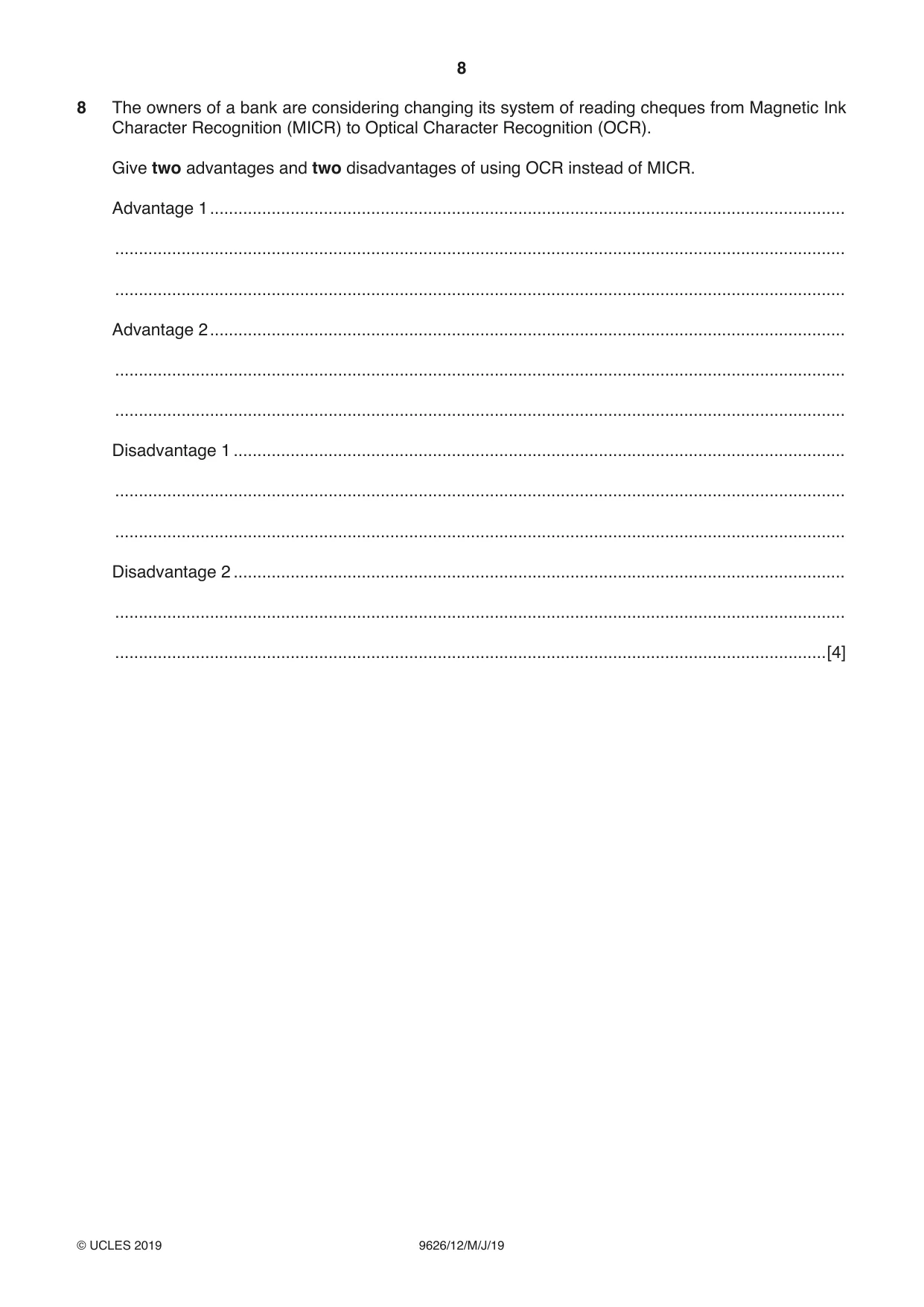 Cambridge A Level Information Technology (from 2017) 9626 2019 May/June Paper 1 · Variant 2 question paper, page 8 of 20