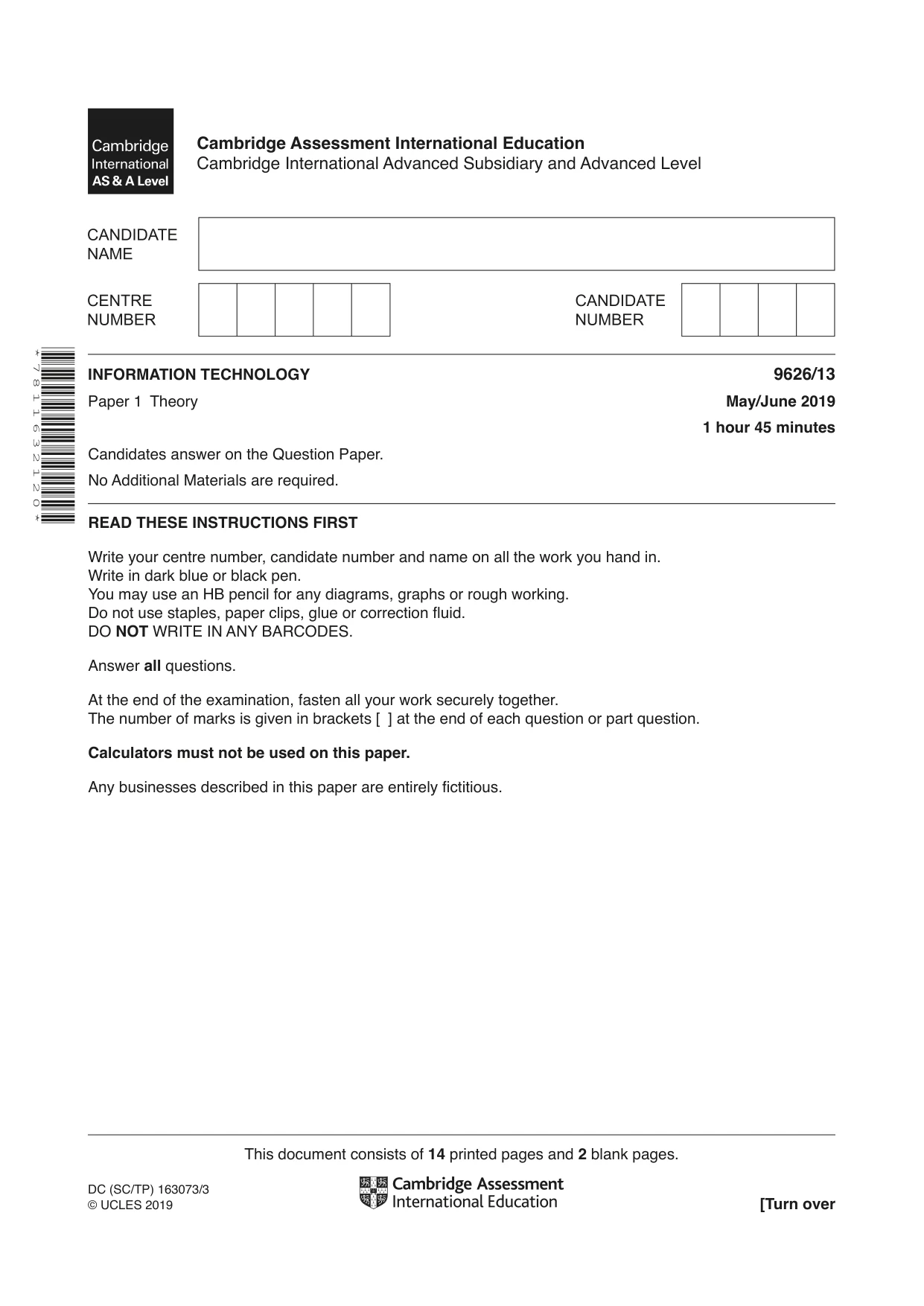 Cambridge A Level Information Technology (from 2017) 9626 2019 May/June Paper 1 · Variant 3 question paper, page 1 of 16