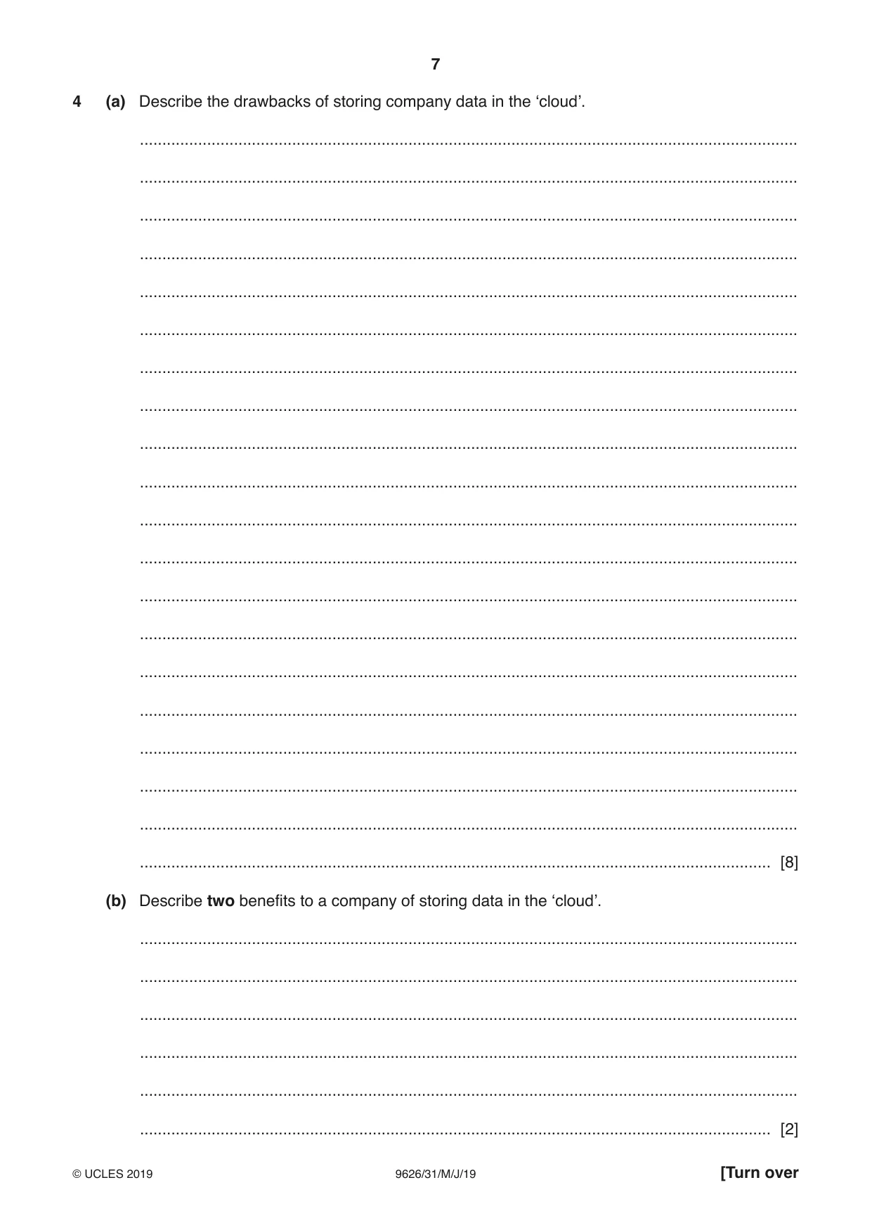 Cambridge A Level Information Technology (from 2017) 9626 2019 May/June Paper 3 · Variant 1 question paper, page 7 of 16
