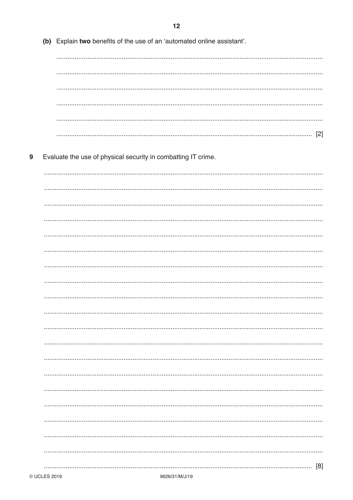Cambridge A Level Information Technology (from 2017) 9626 2019 May/June Paper 3 · Variant 1 question paper, page 12 of 16