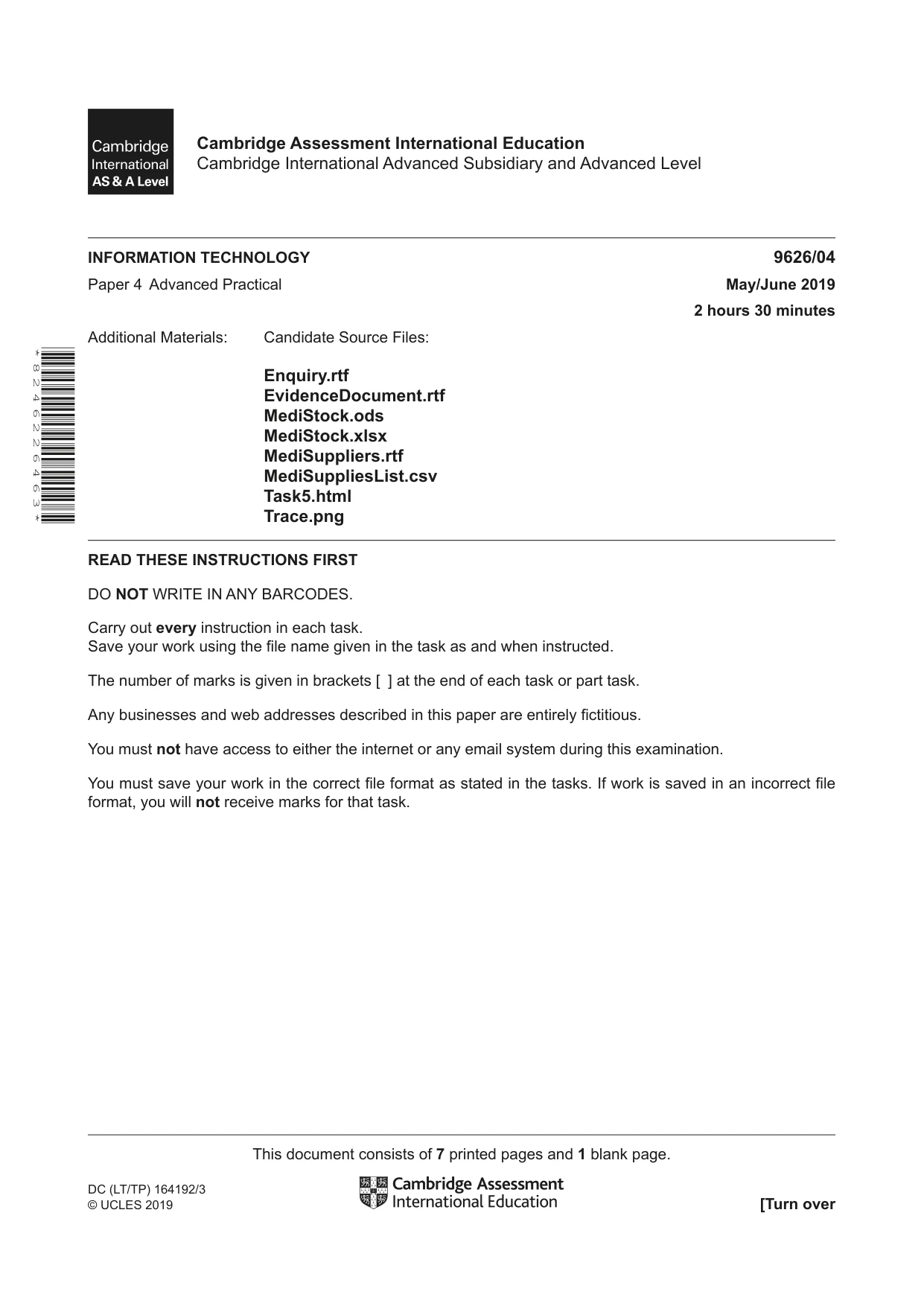 Cambridge A Level Information Technology (from 2017) 9626 2019 May/June Paper 4 · Variant 1 question paper, page 1 of 8