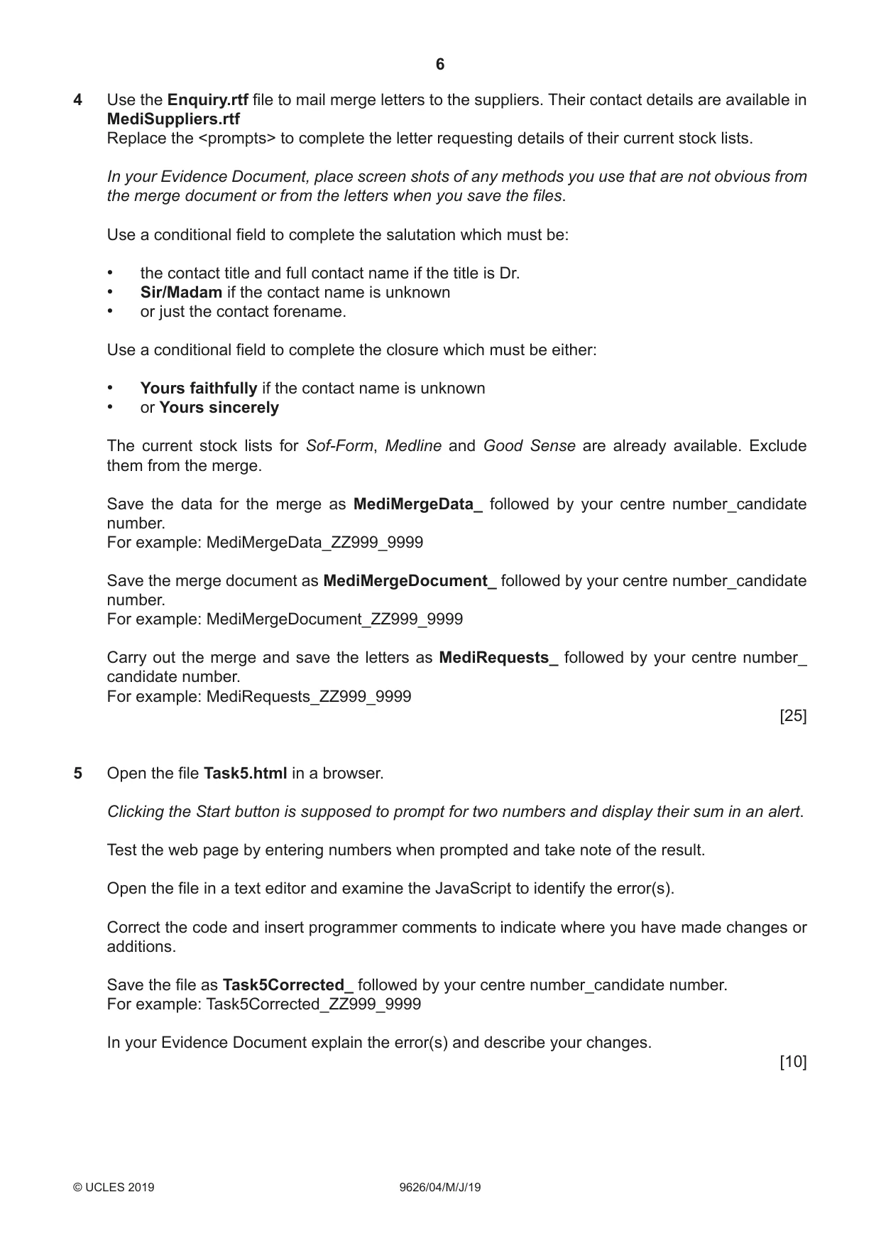 Cambridge A Level Information Technology (from 2017) 9626 2019 May/June Paper 4 · Variant 1 question paper, page 6 of 8