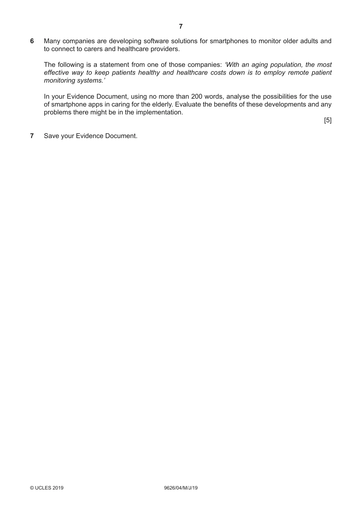 Cambridge A Level Information Technology (from 2017) 9626 2019 May/June Paper 4 · Variant 1 question paper, page 7 of 8