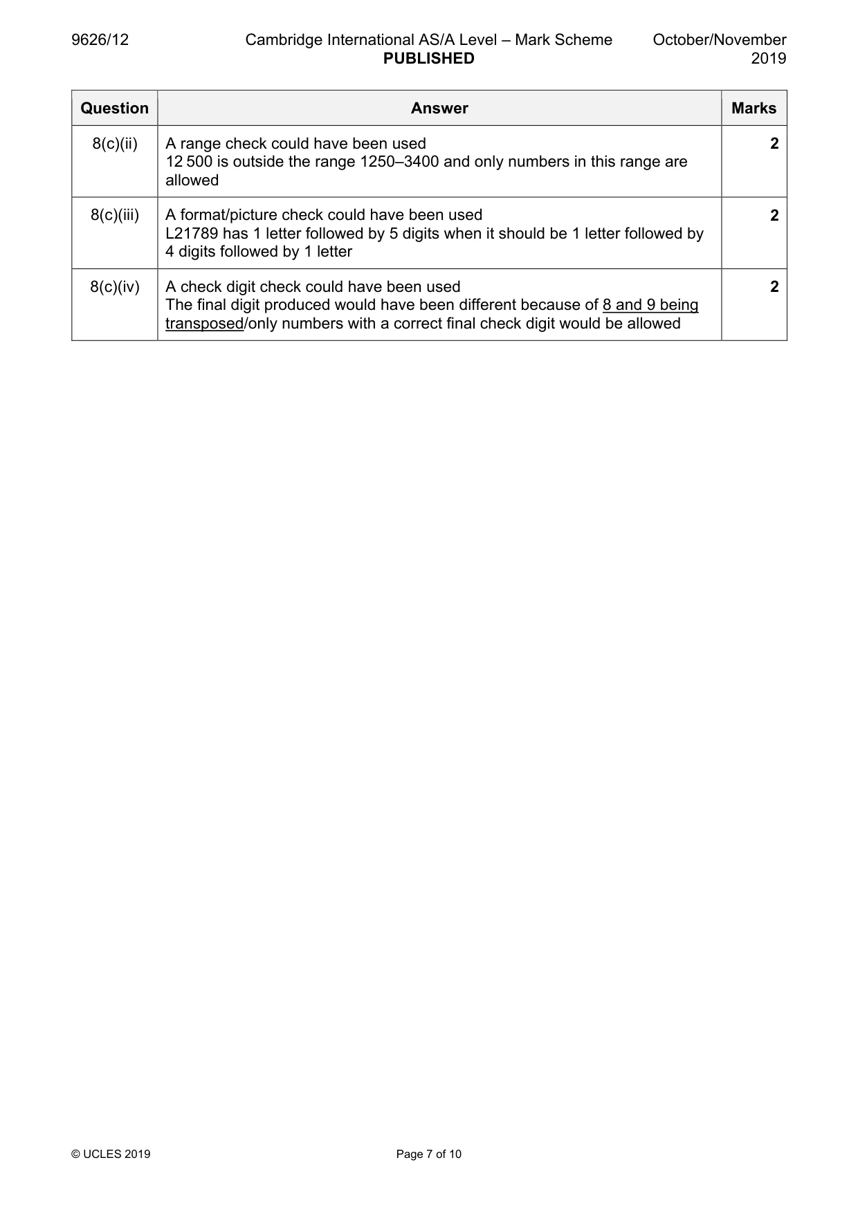 Mark scheme, page 7 of 10