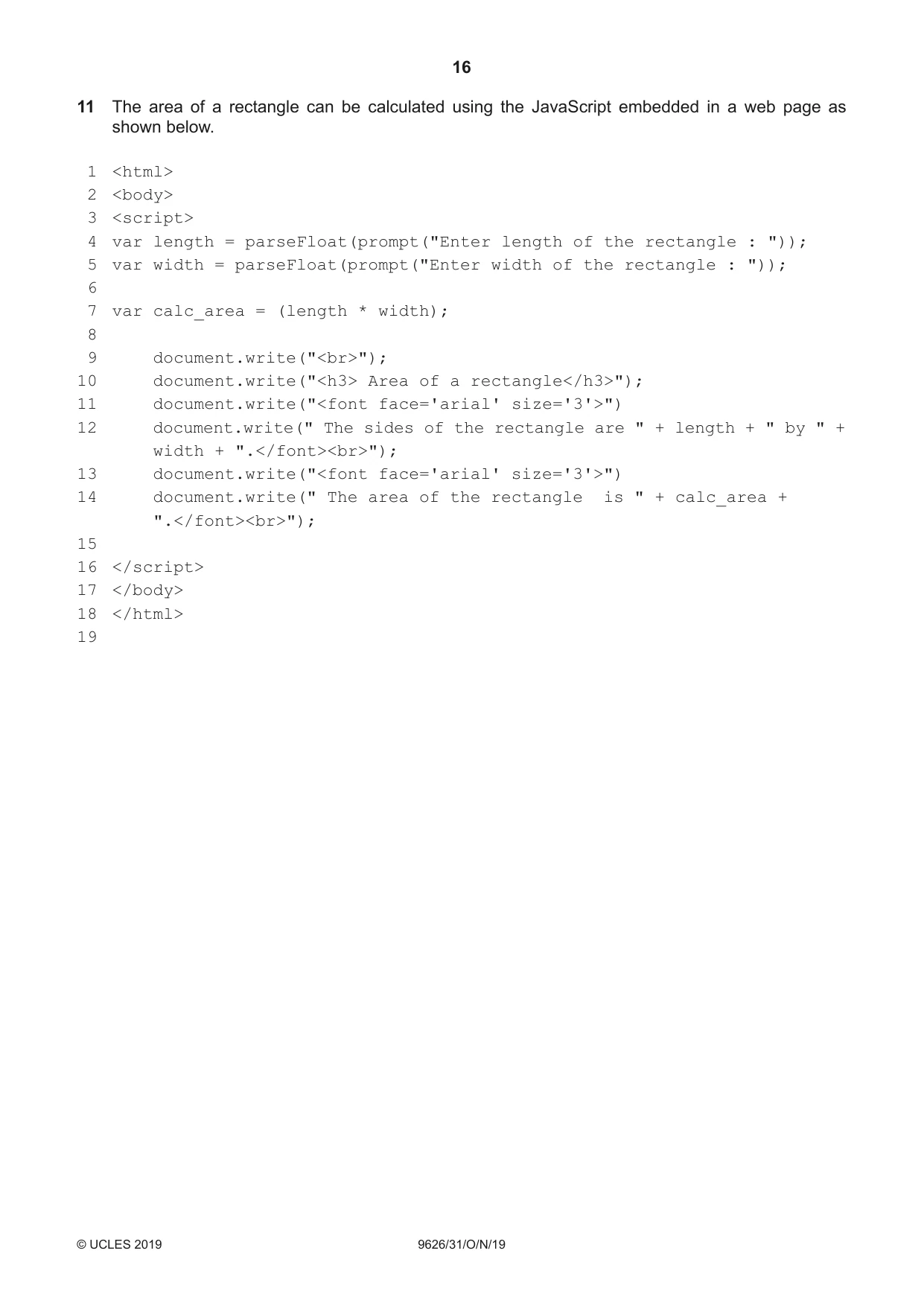 Cambridge A Level Information Technology (from 2017) 9626 2019 Oct/Nov Paper 3 · Variant 1 question paper, page 16 of 20