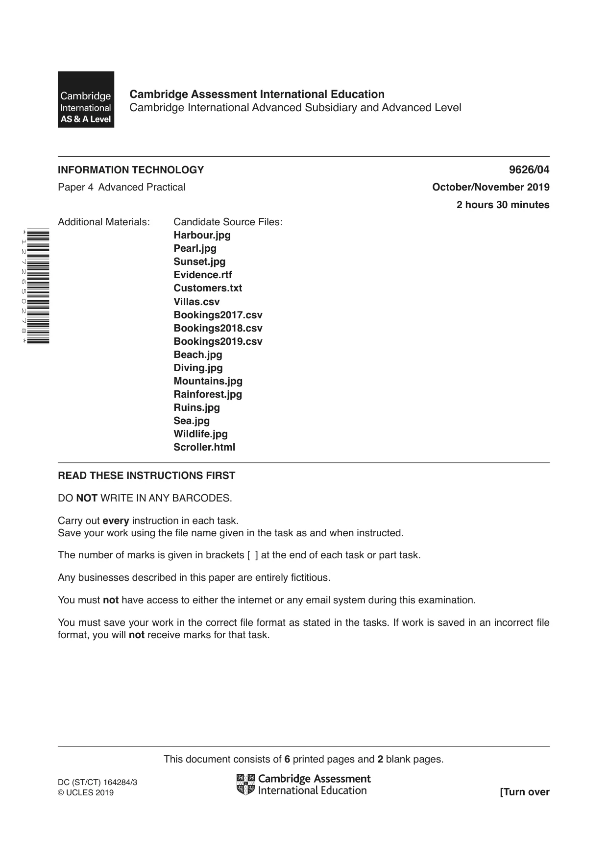 Cambridge A Level Information Technology (from 2017) 9626 2019 Oct/Nov Paper 4 · Variant 1 question paper, page 1 of 8