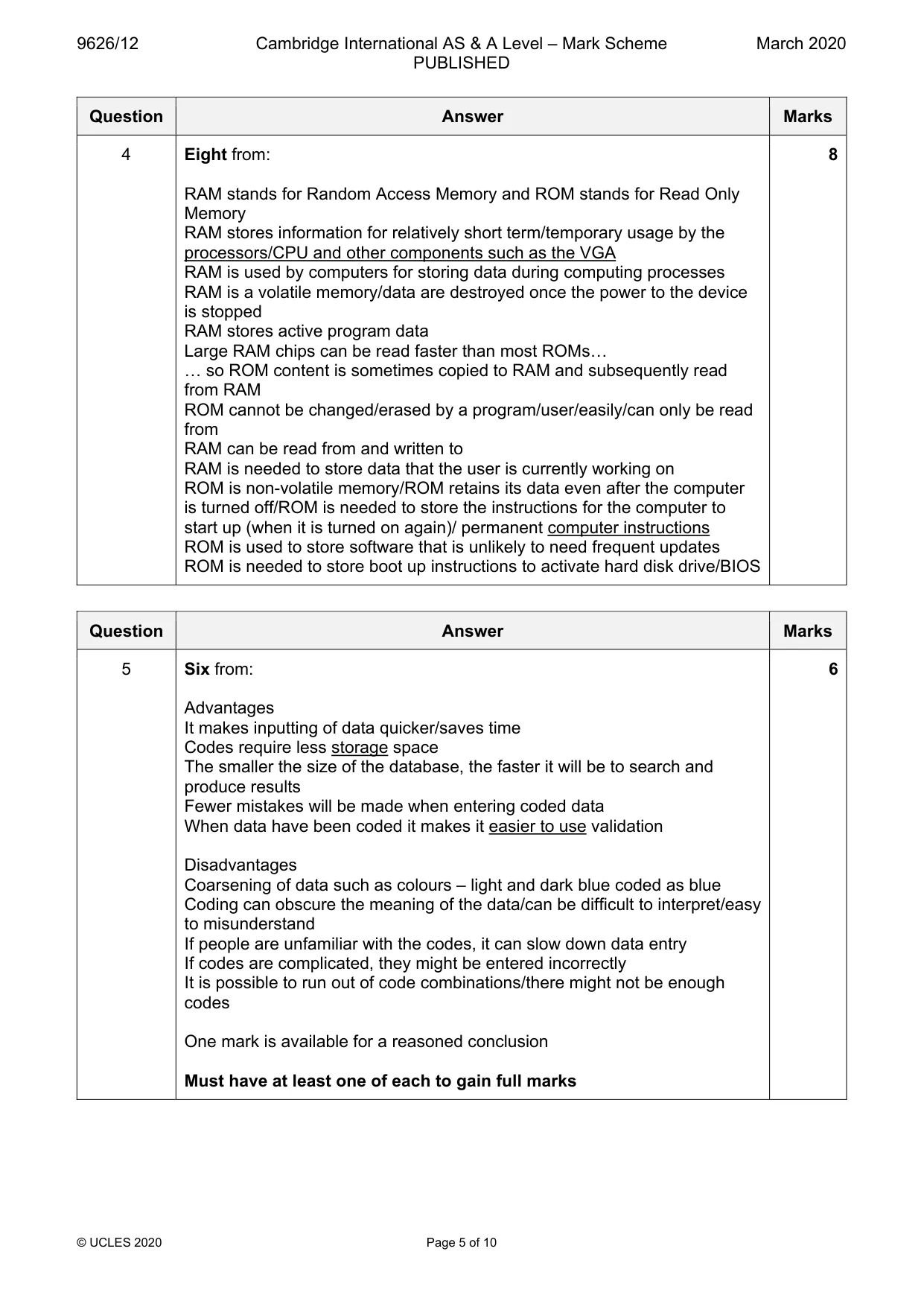 Mark scheme, page 5 of 10