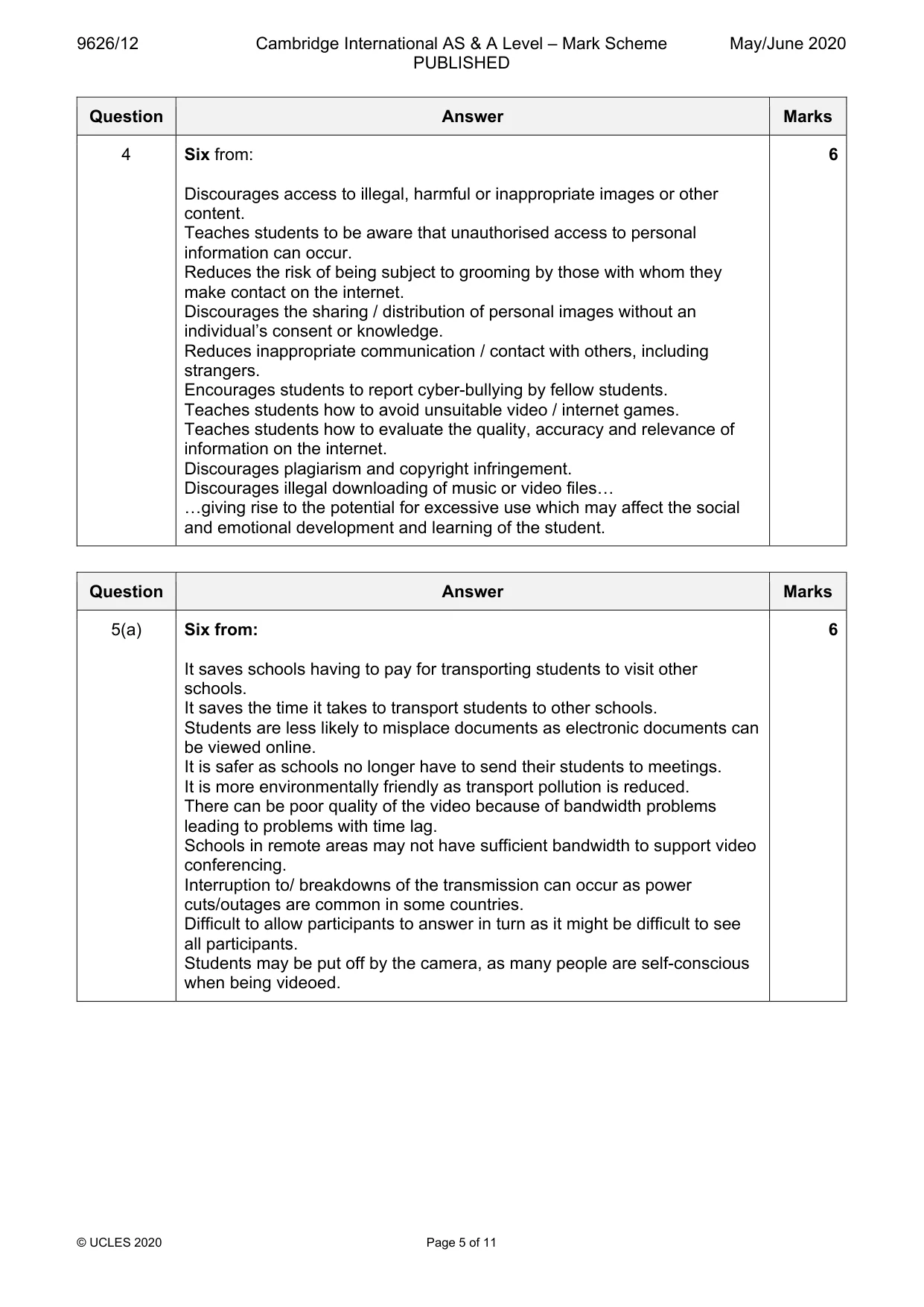 Mark scheme, page 5 of 11