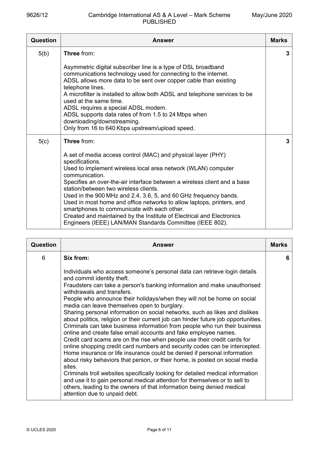 Mark scheme, page 6 of 11