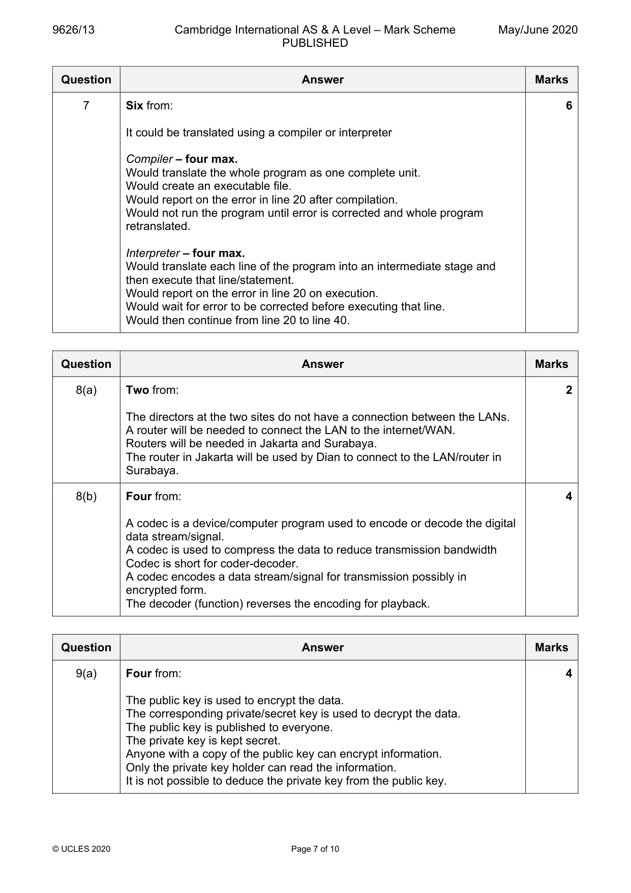 Mark scheme, page 7 of 10