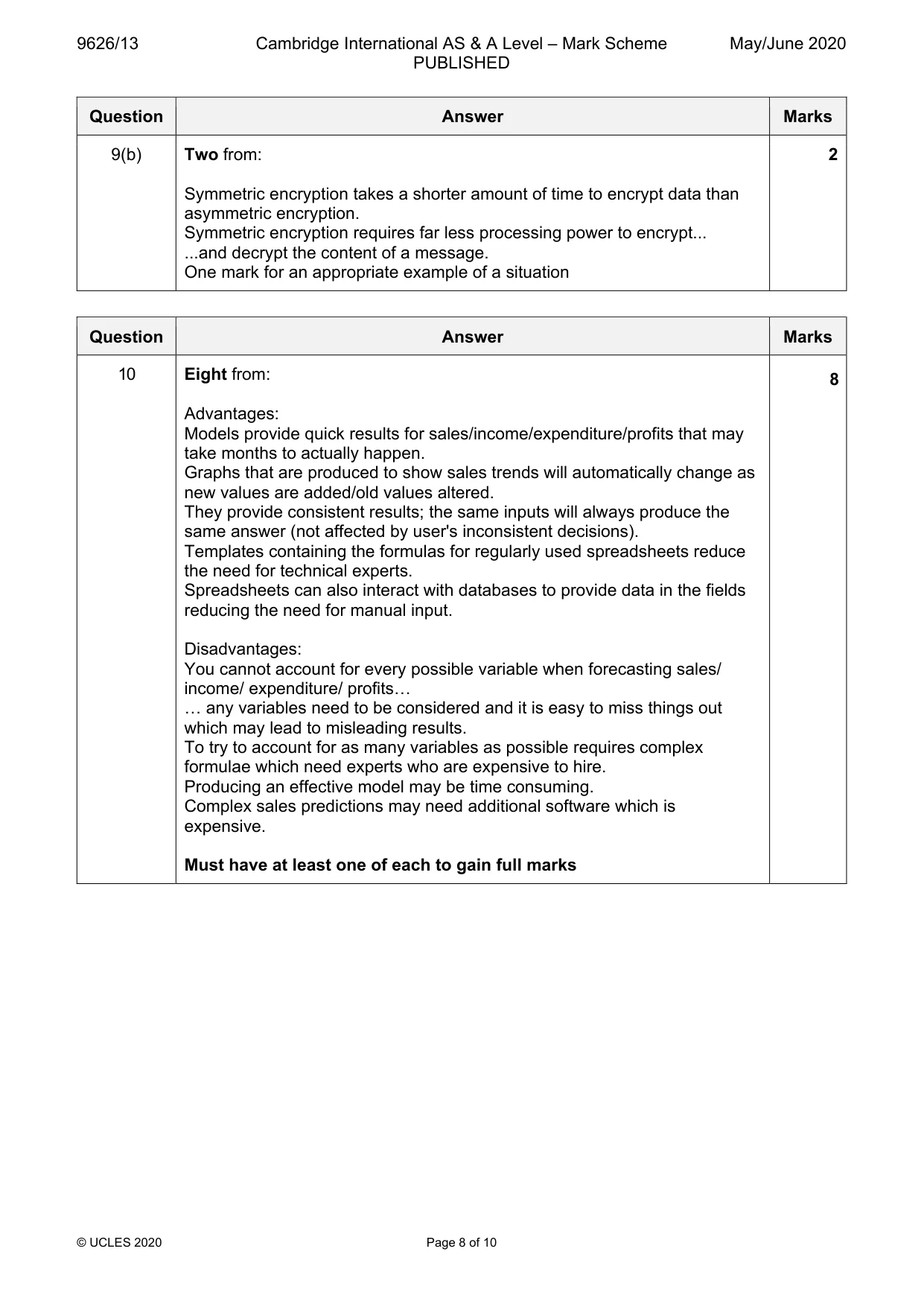 Mark scheme, page 8 of 10
