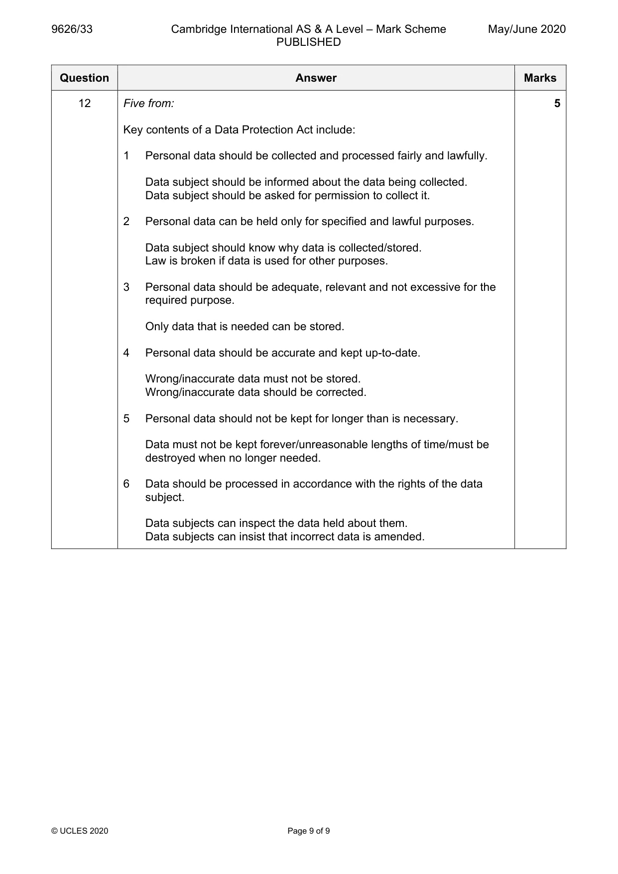 Mark scheme, page 9 of 9