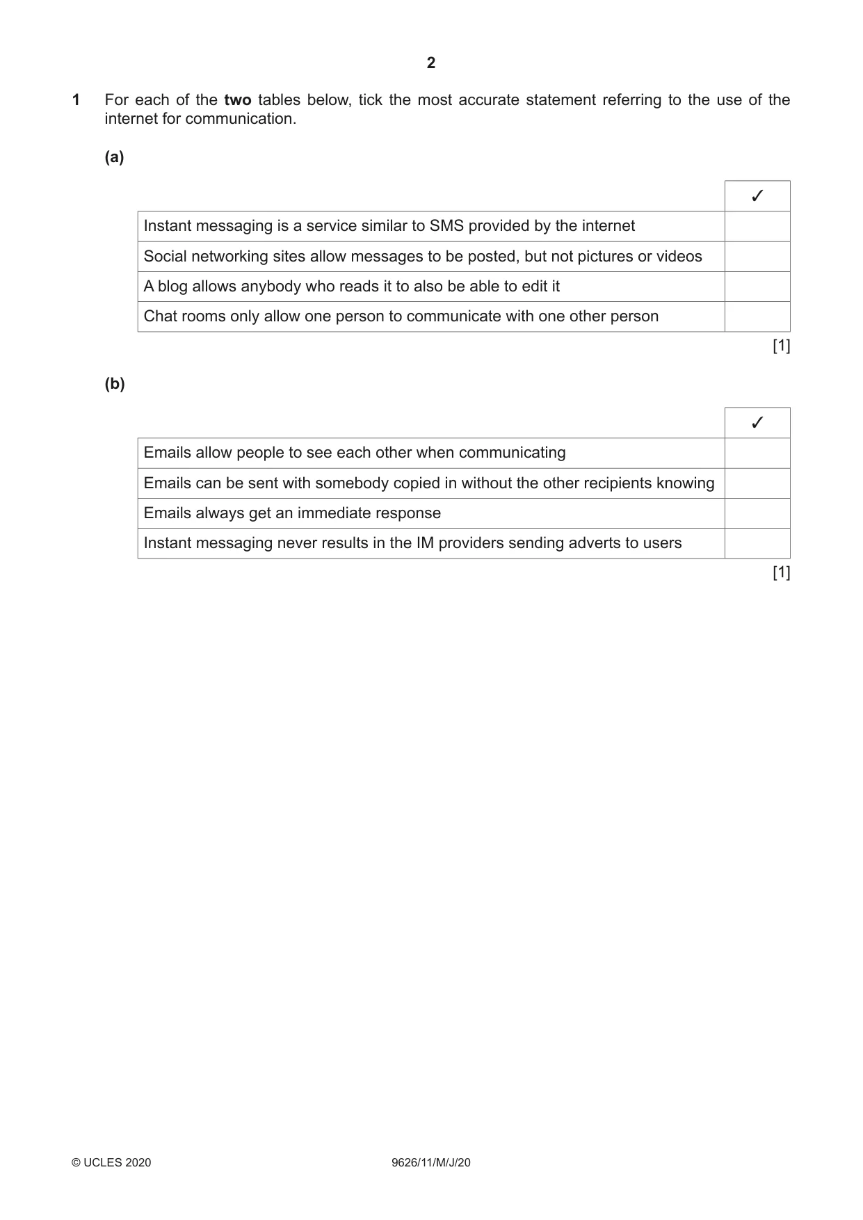 Cambridge A Level Information Technology (from 2017) 9626 2020 May/June Paper 1 · Variant 1 question paper, page 2 of 16