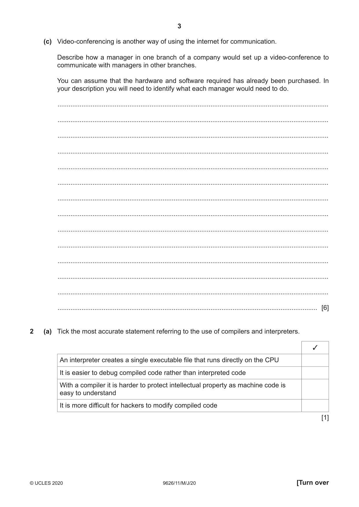 Cambridge A Level Information Technology (from 2017) 9626 2020 May/June Paper 1 · Variant 1 question paper, page 3 of 16