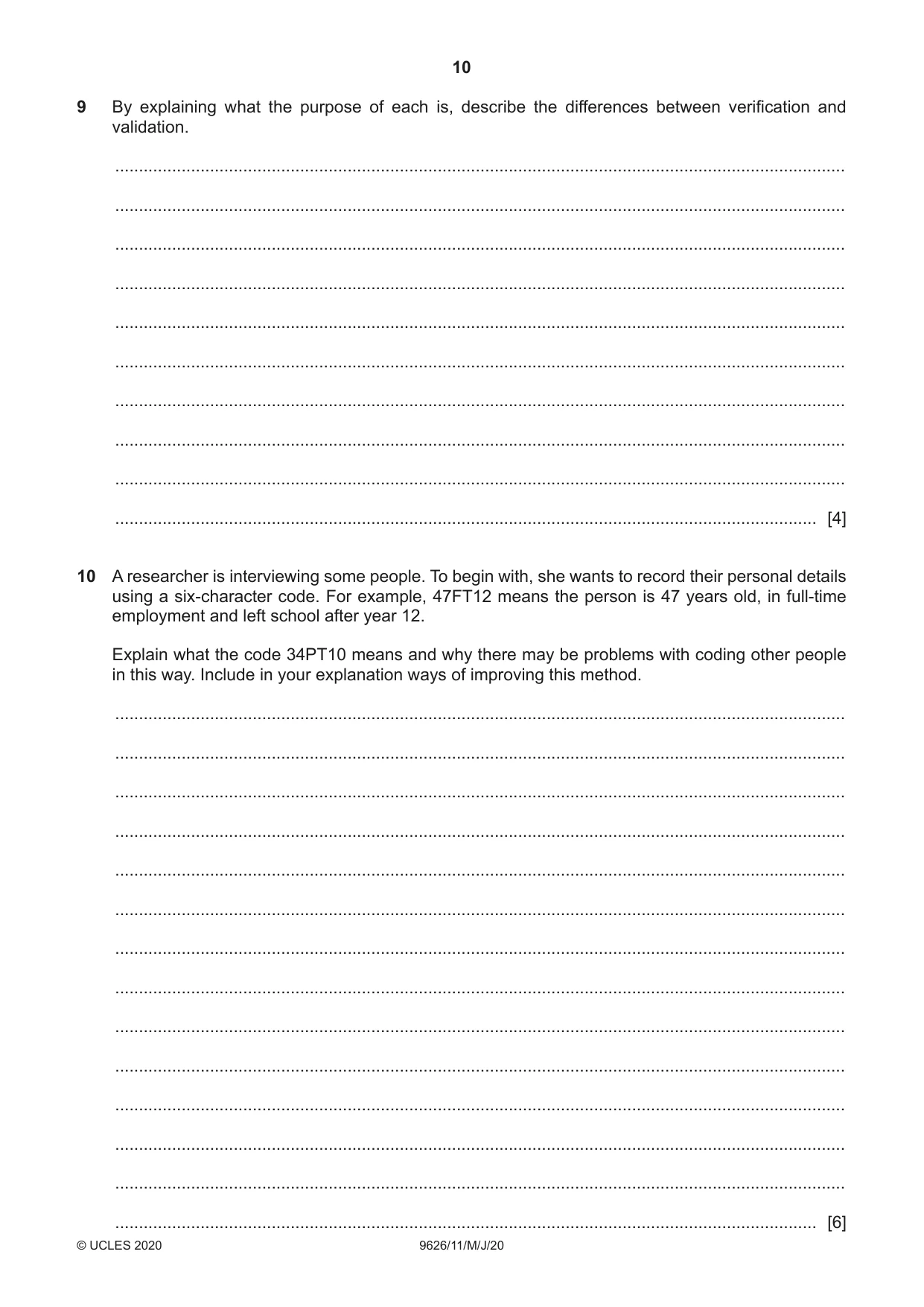 Cambridge A Level Information Technology (from 2017) 9626 2020 May/June Paper 1 · Variant 1 question paper, page 10 of 16