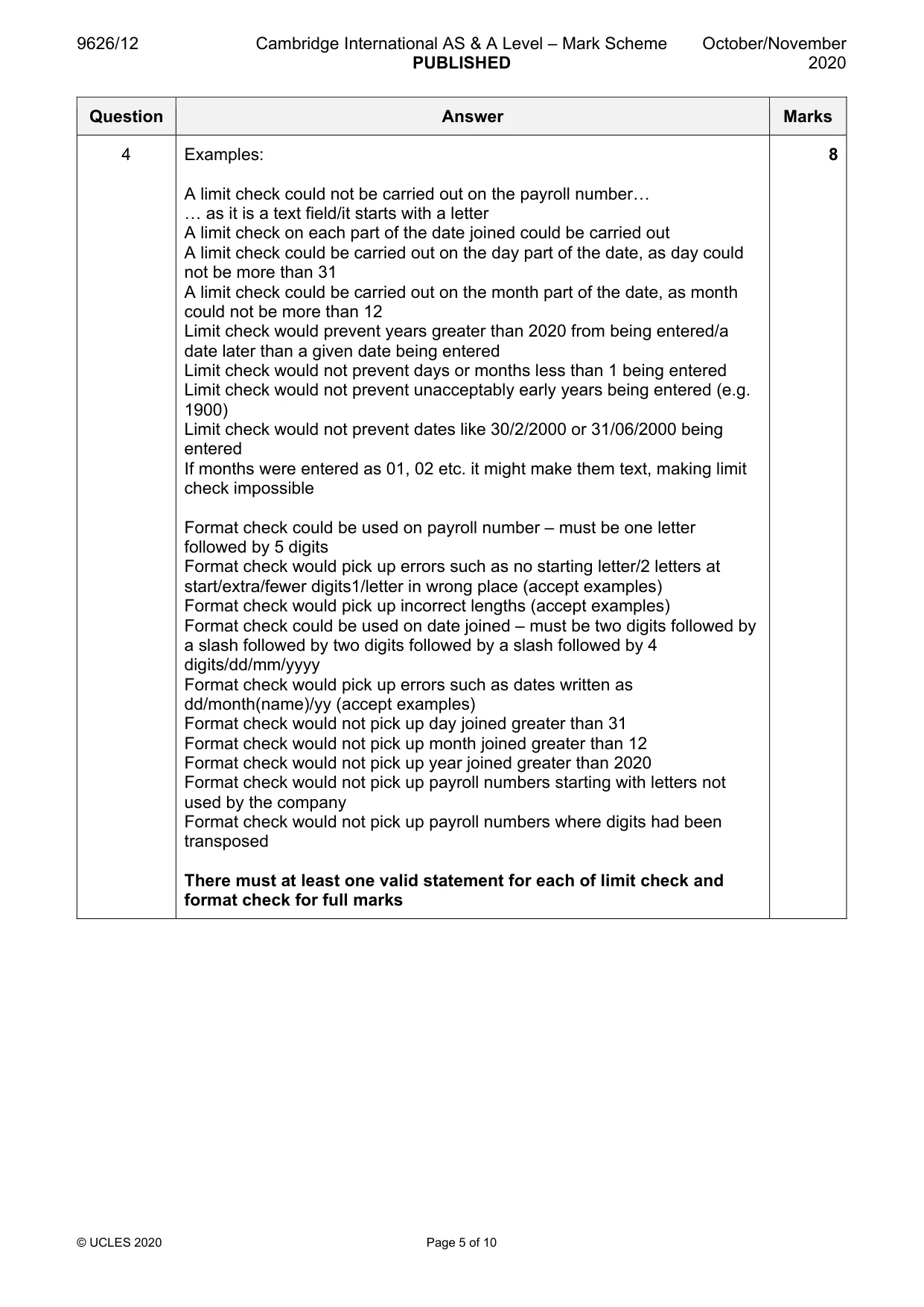 Mark scheme, page 5 of 10