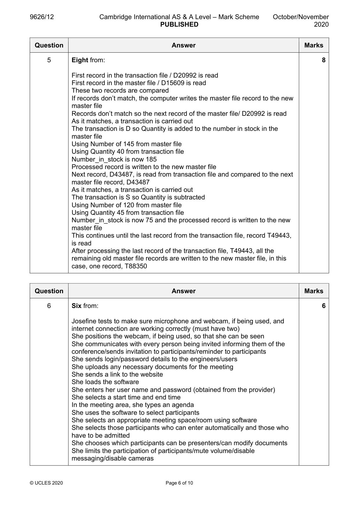 Mark scheme, page 6 of 10