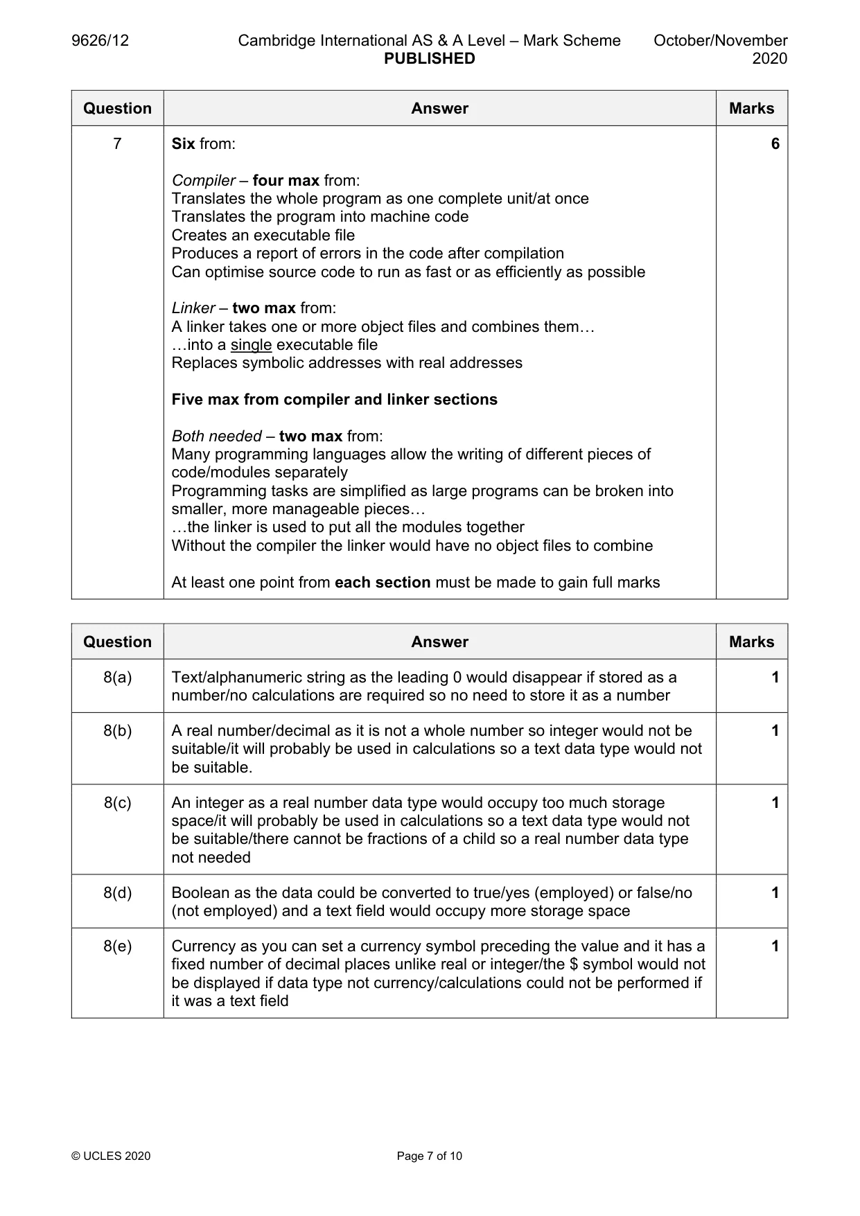 Mark scheme, page 7 of 10