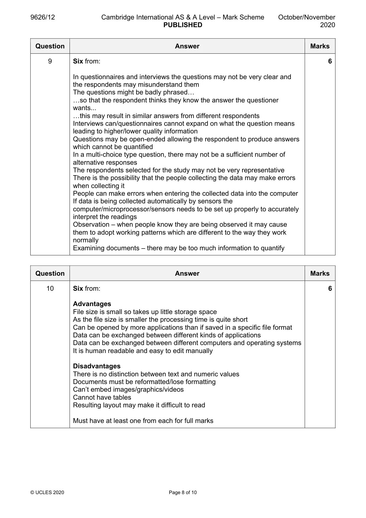 Mark scheme, page 8 of 10