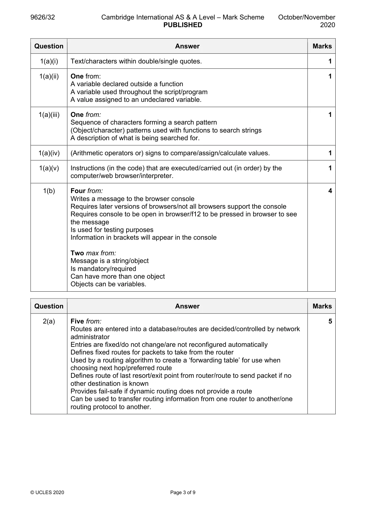 Mark scheme, page 3 of 9