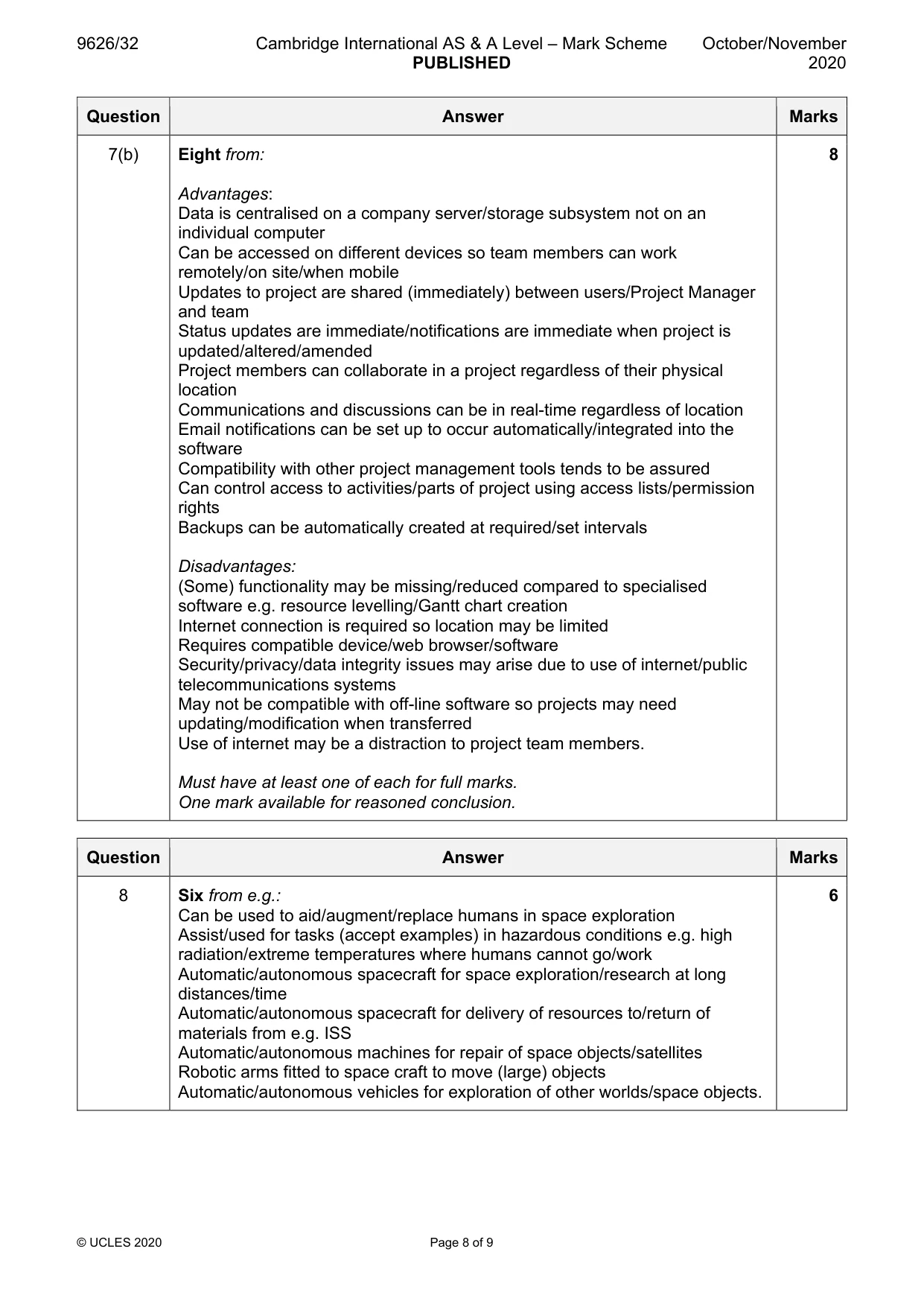 Mark scheme, page 8 of 9