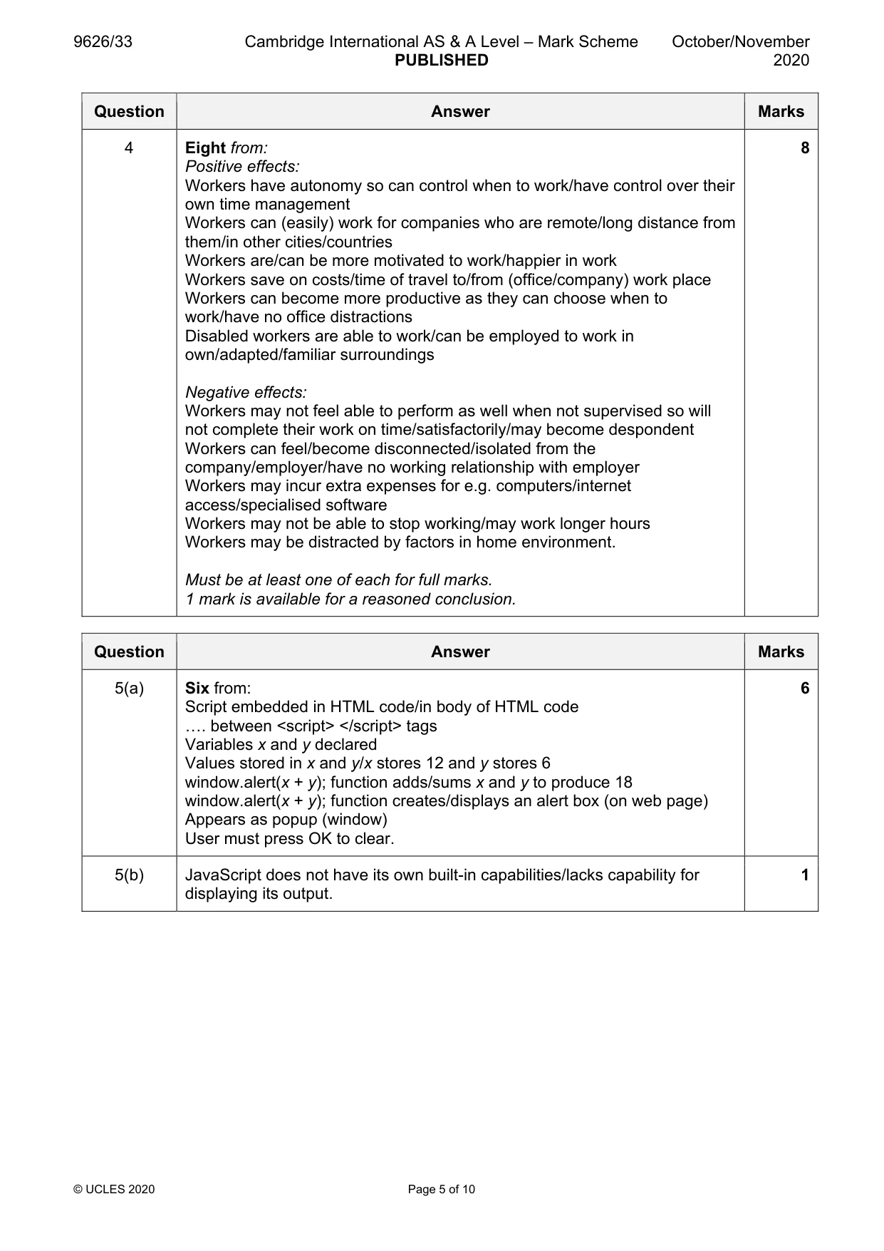 Mark scheme, page 5 of 10