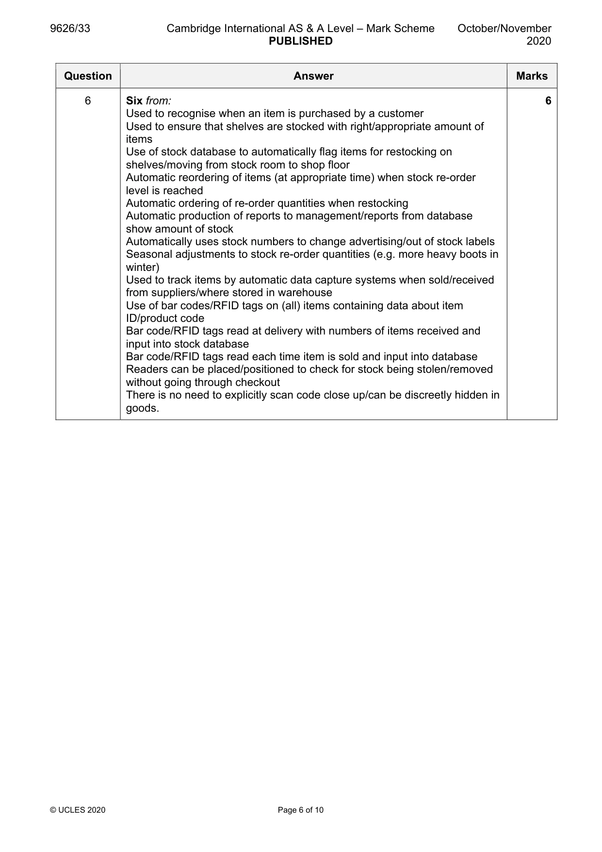 Mark scheme, page 6 of 10