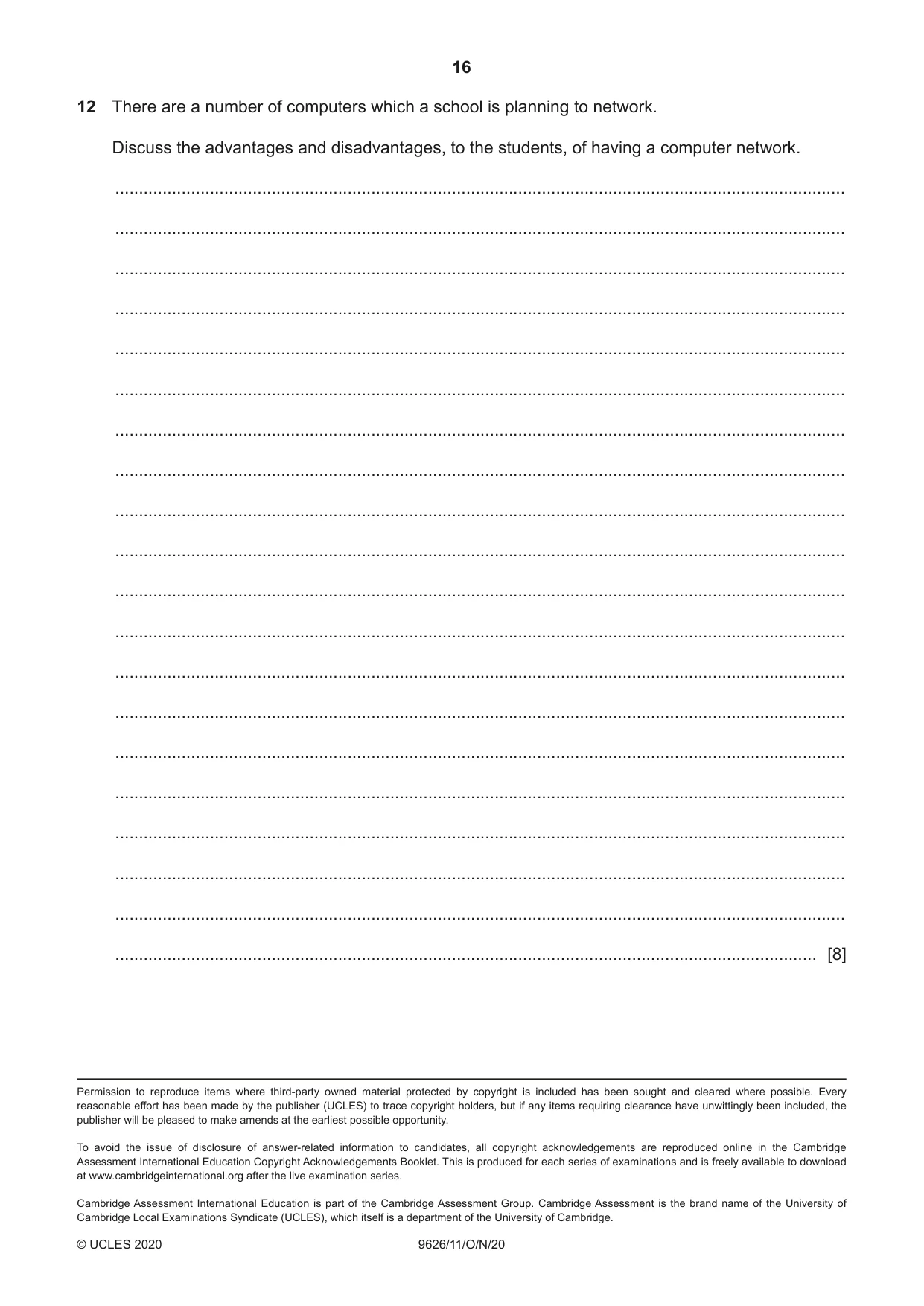 Cambridge A Level Information Technology (from 2017) 9626 2020 Oct/Nov Paper 1 · Variant 1 question paper, page 16 of 16