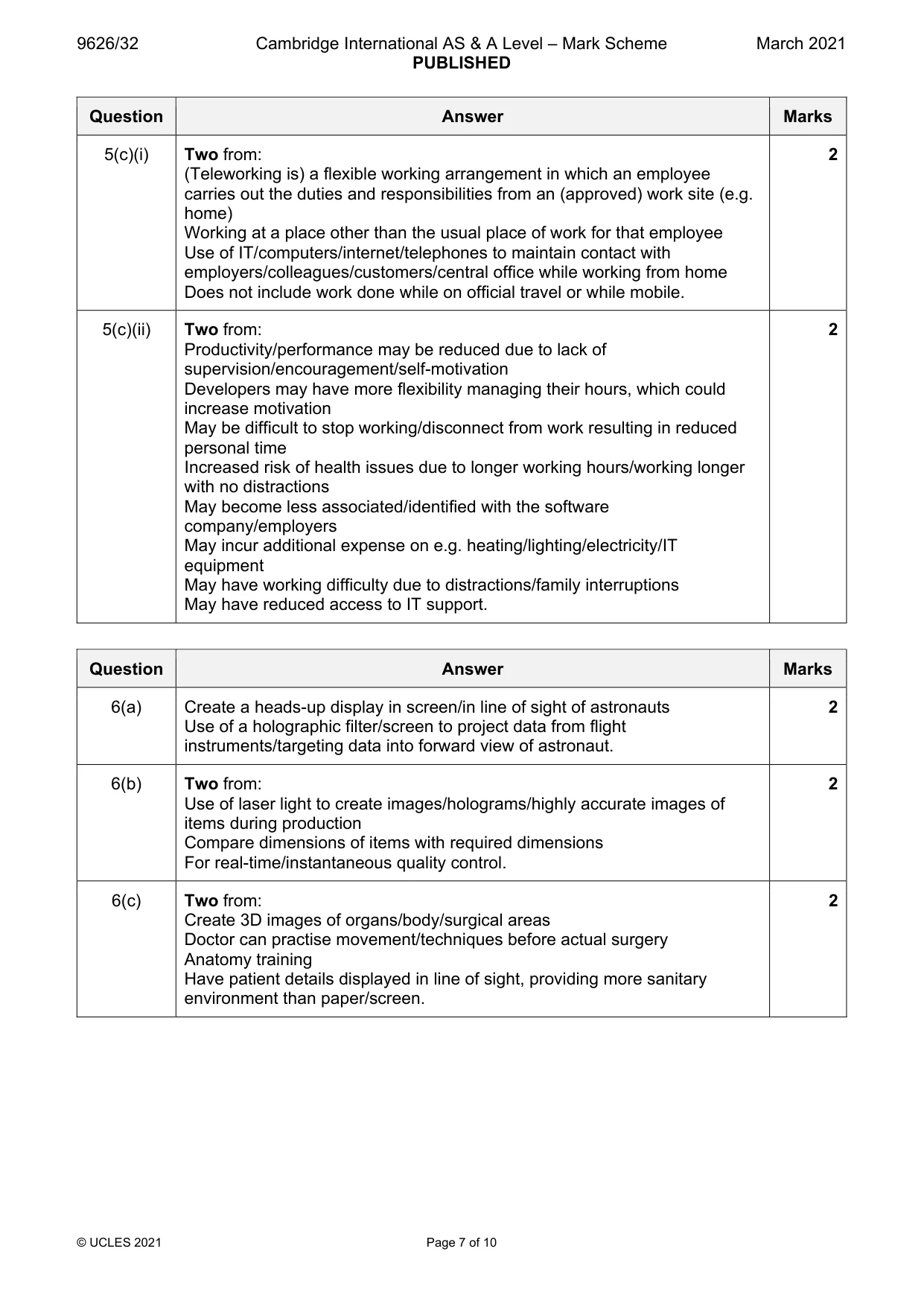 Mark scheme, page 7 of 10