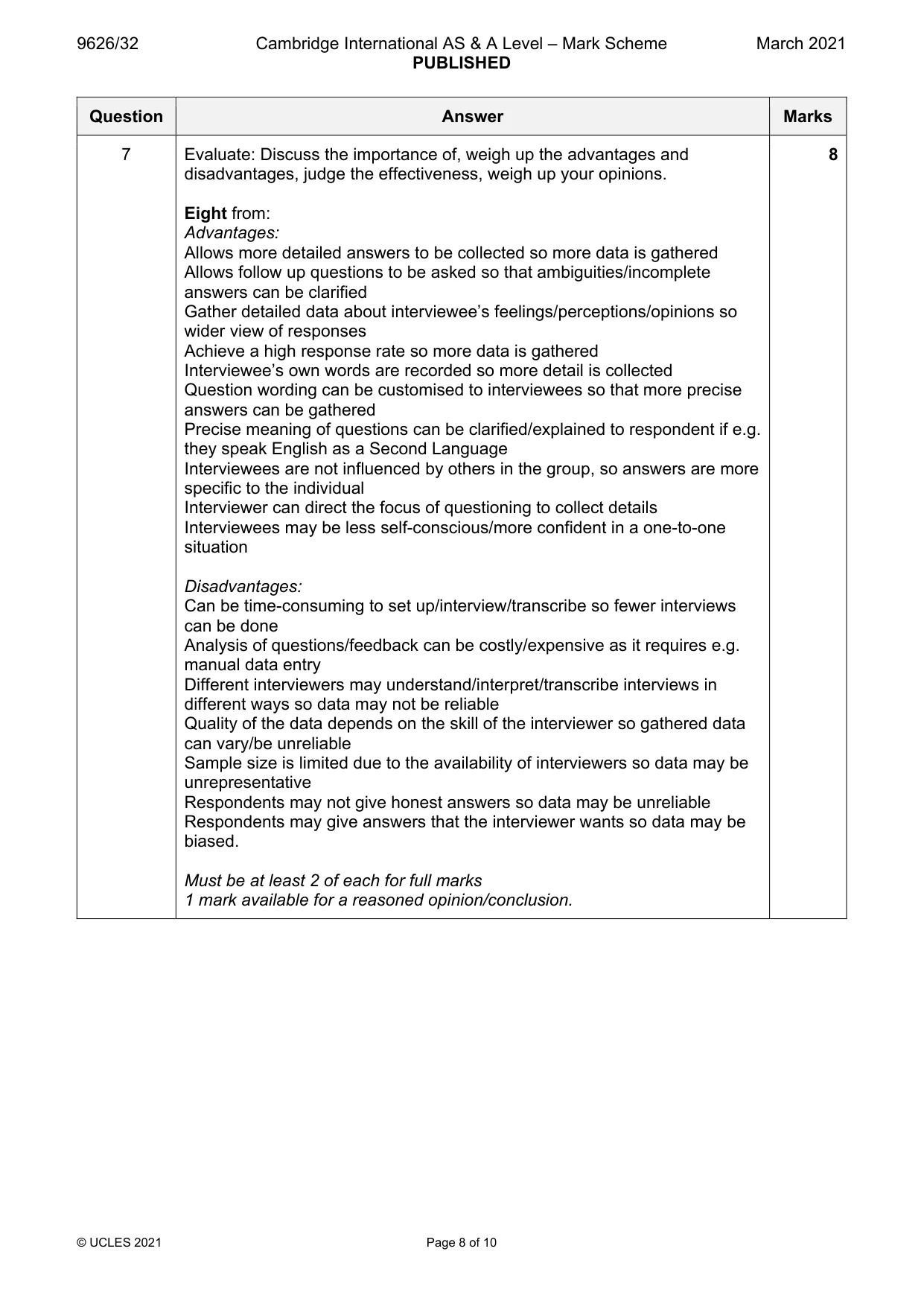 Mark scheme, page 8 of 10