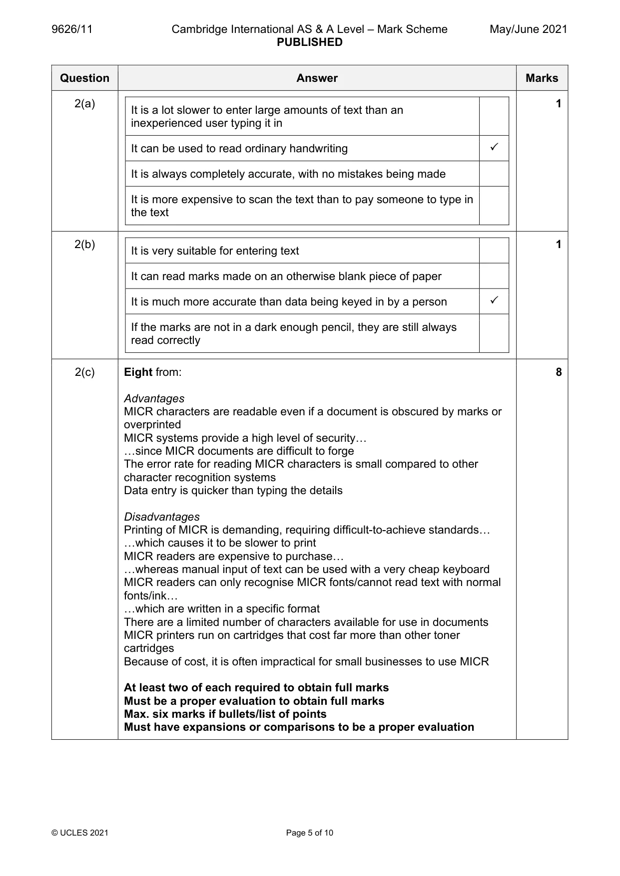 Mark scheme, page 5 of 10