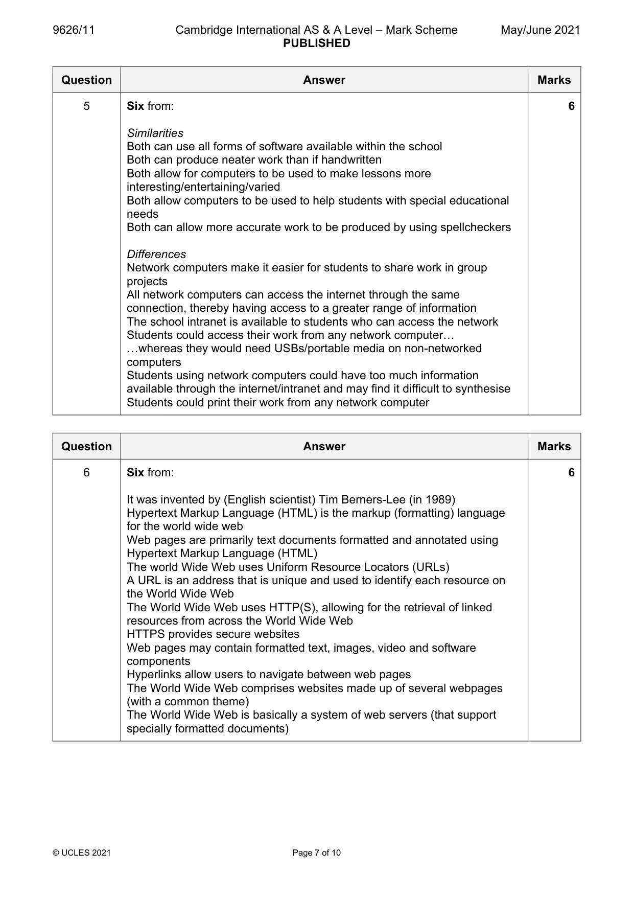 Mark scheme, page 7 of 10