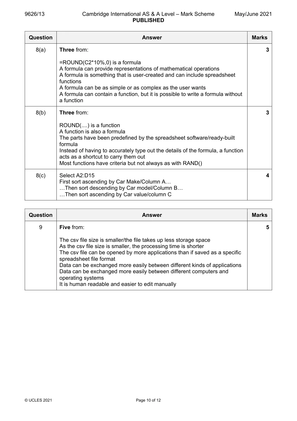 Mark scheme, page 10 of 12