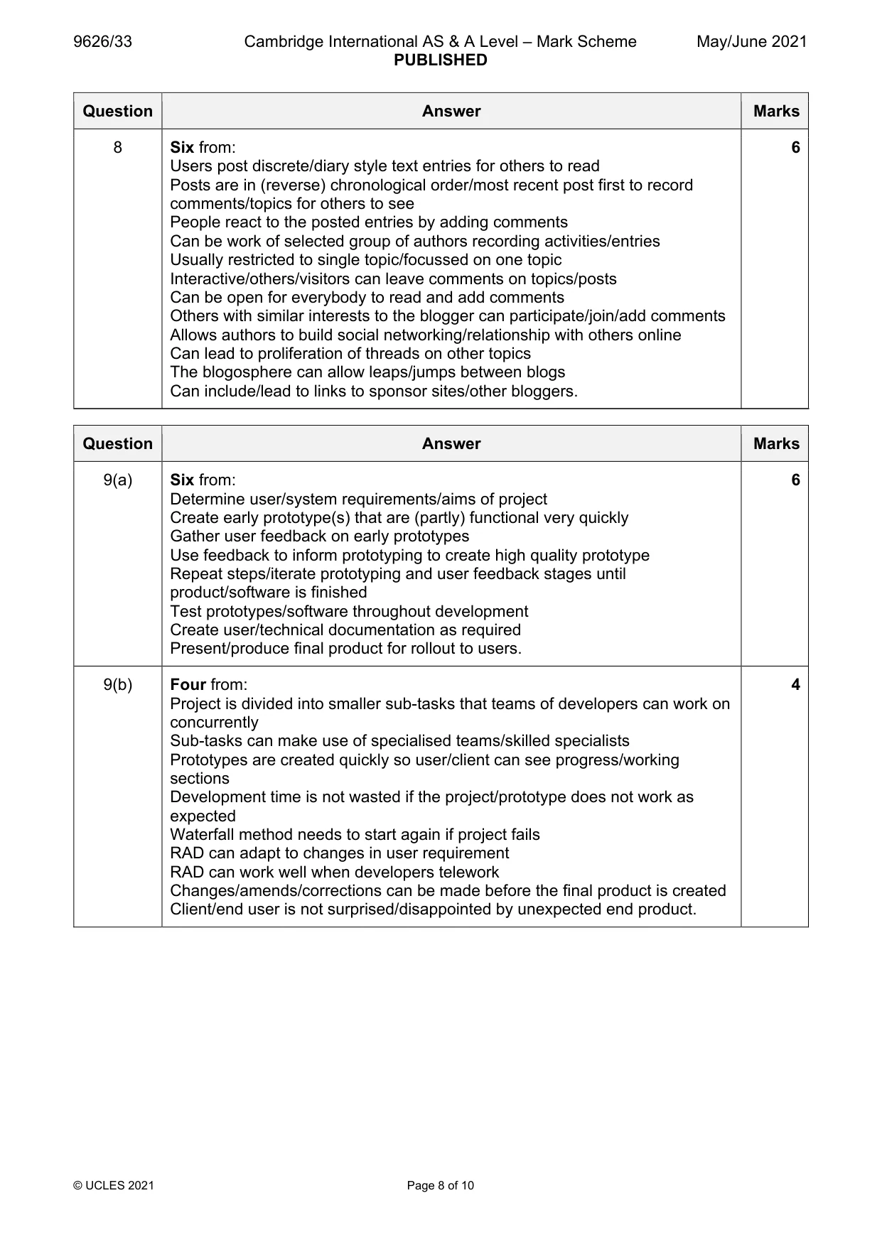 Mark scheme, page 8 of 10