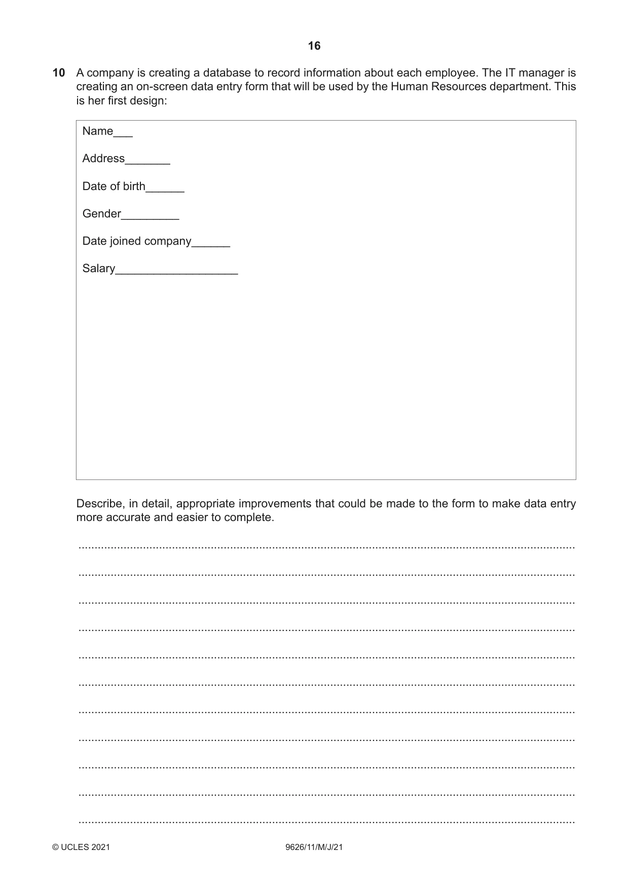 Cambridge A Level Information Technology (from 2017) 9626 2021 May/June Paper 1 · Variant 1 question paper, page 16 of 20