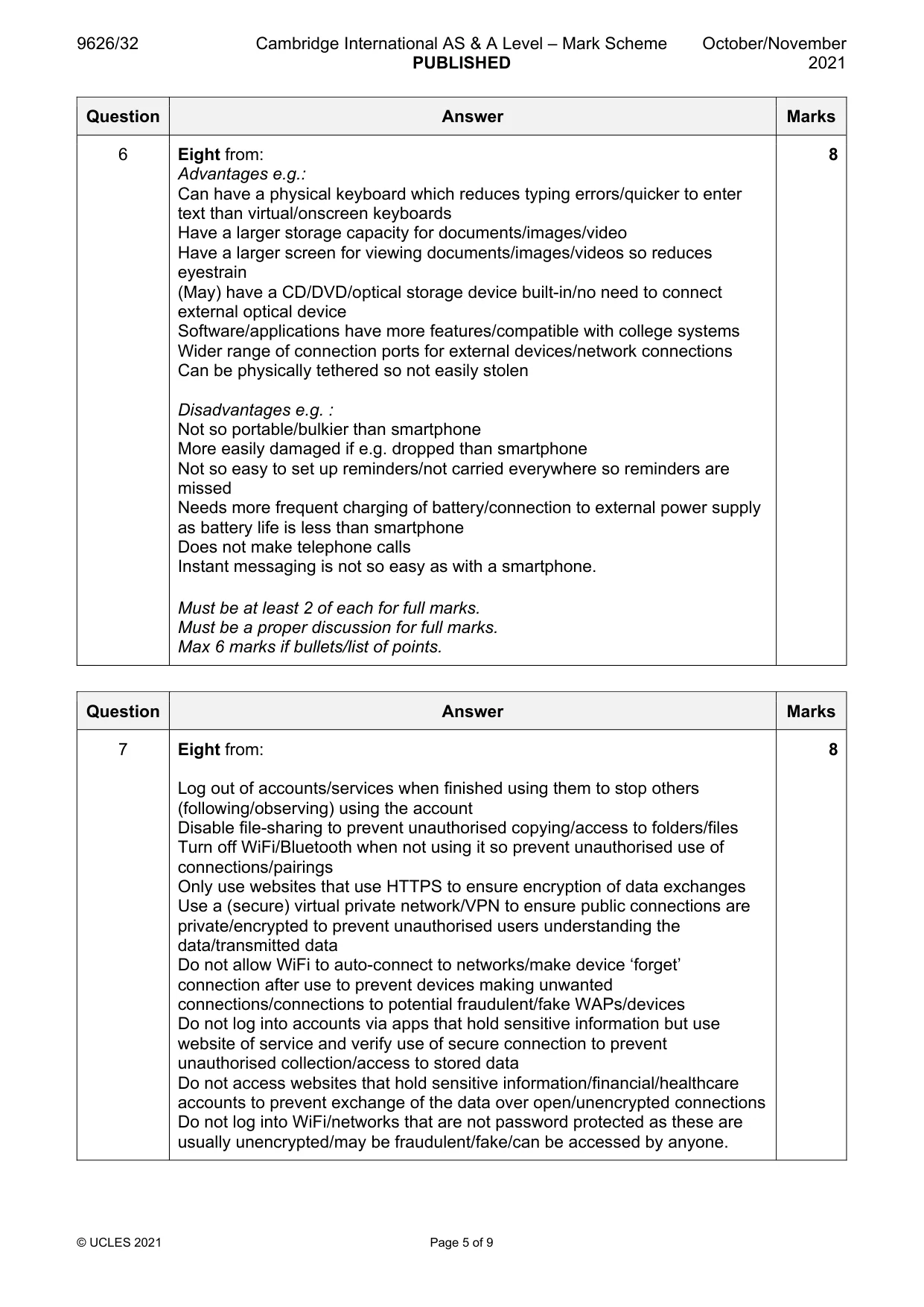 Mark scheme, page 5 of 9
