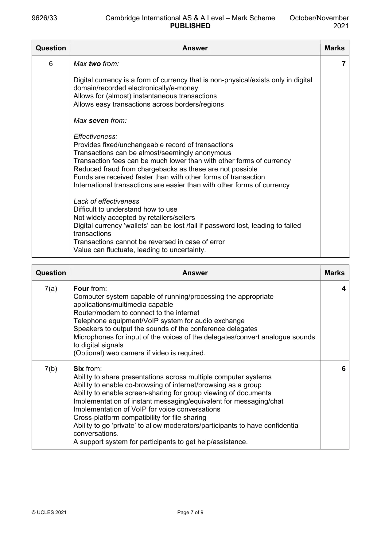 Mark scheme, page 7 of 9