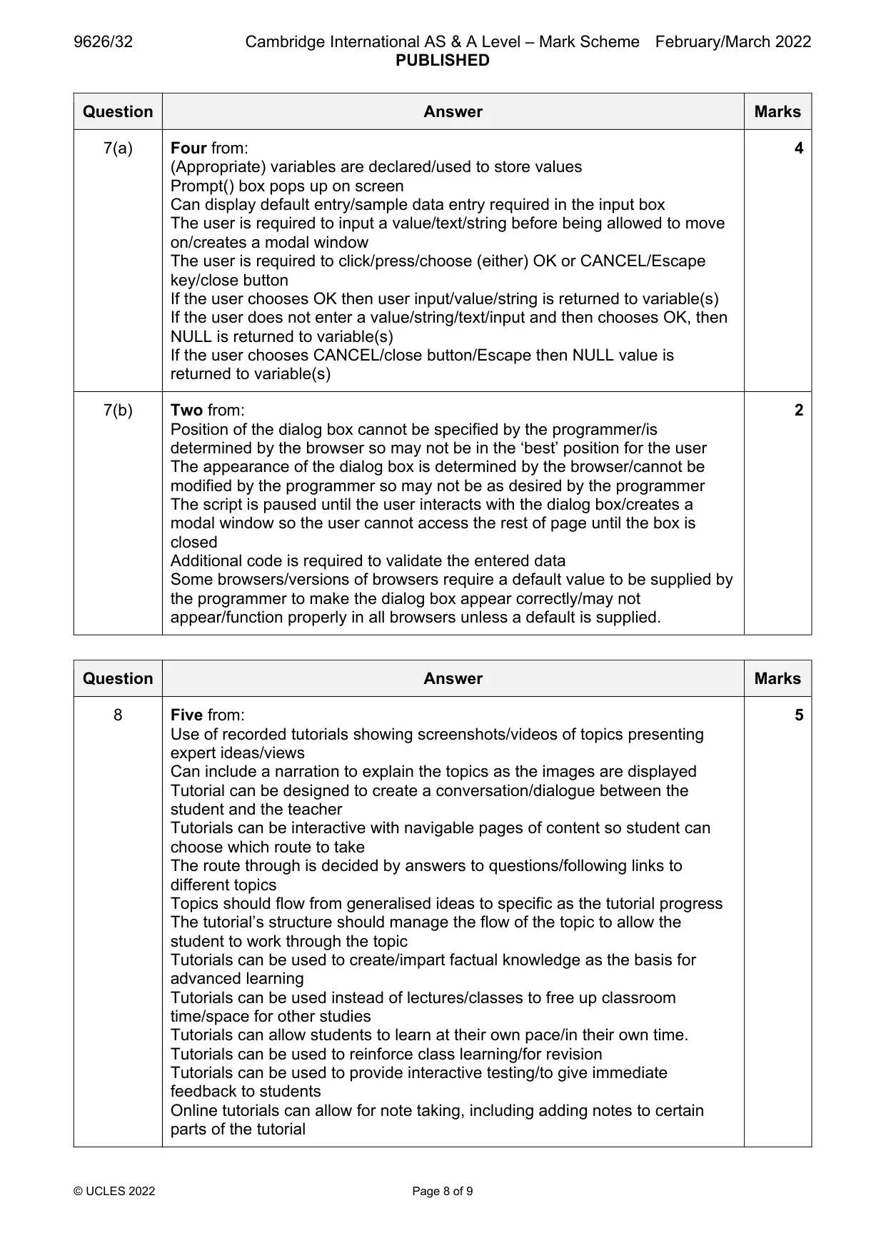 Mark scheme, page 8 of 9