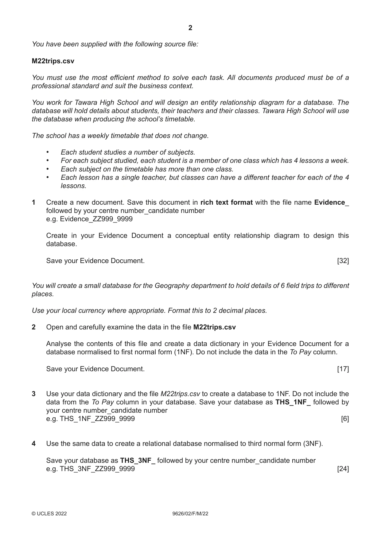 Cambridge A Level Information Technology (from 2017) 9626 2022 Feb/March Paper 2 · Variant 0 question paper, page 2 of 4