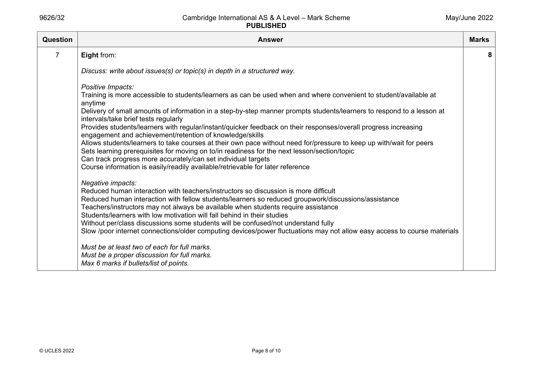 Mark scheme, page 8 of 10