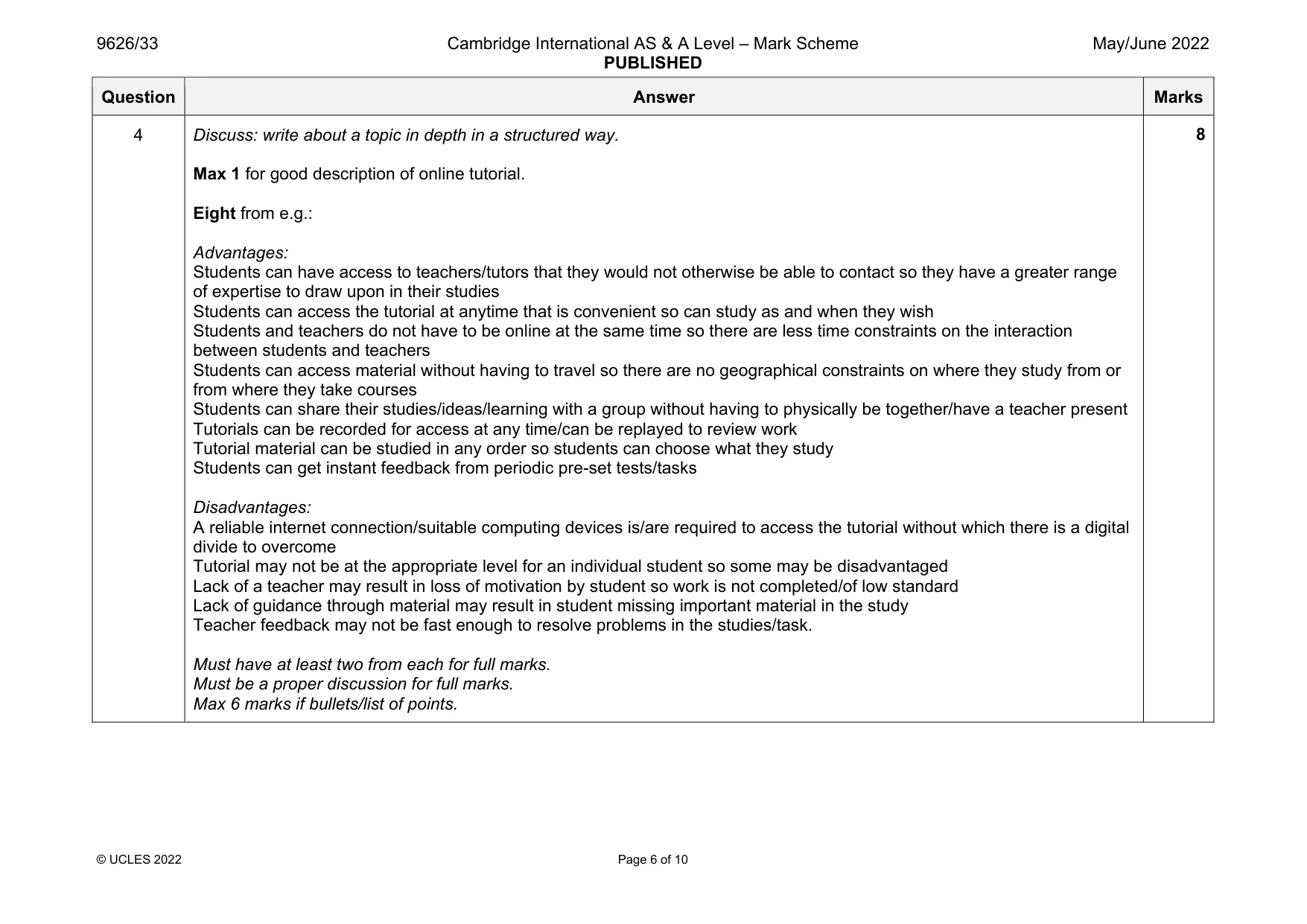Mark scheme, page 6 of 10