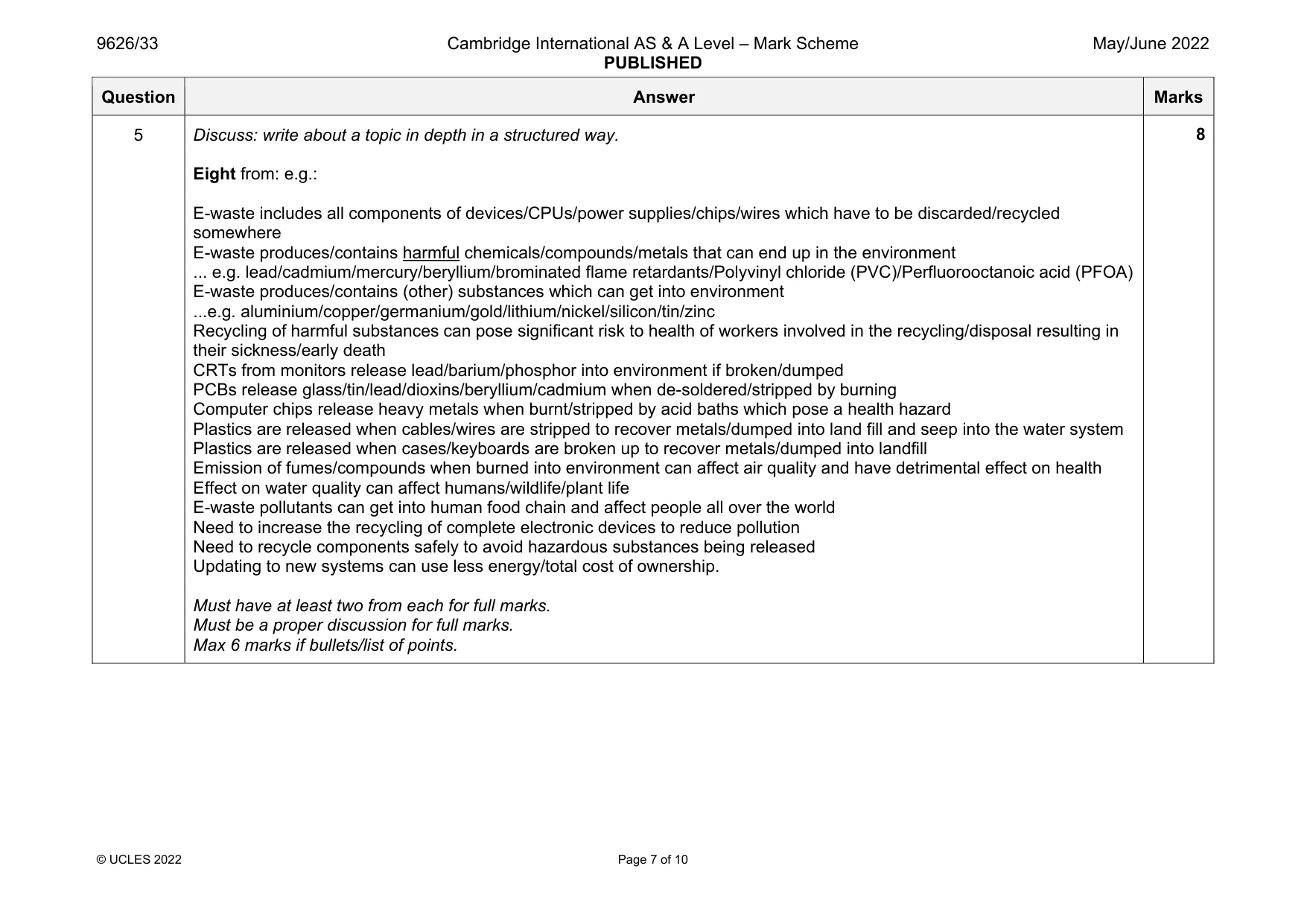 Mark scheme, page 7 of 10