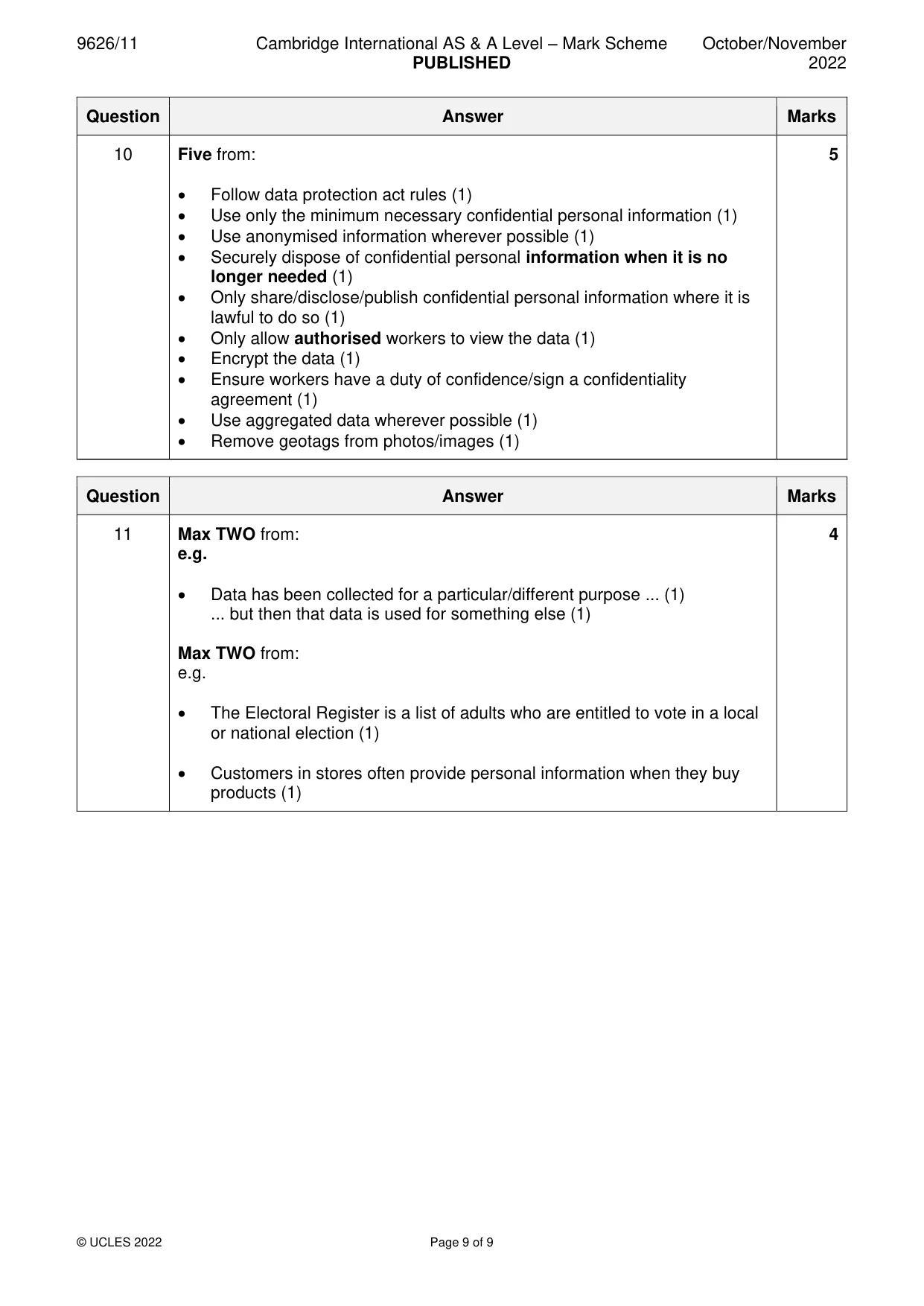Mark scheme, page 9 of 9