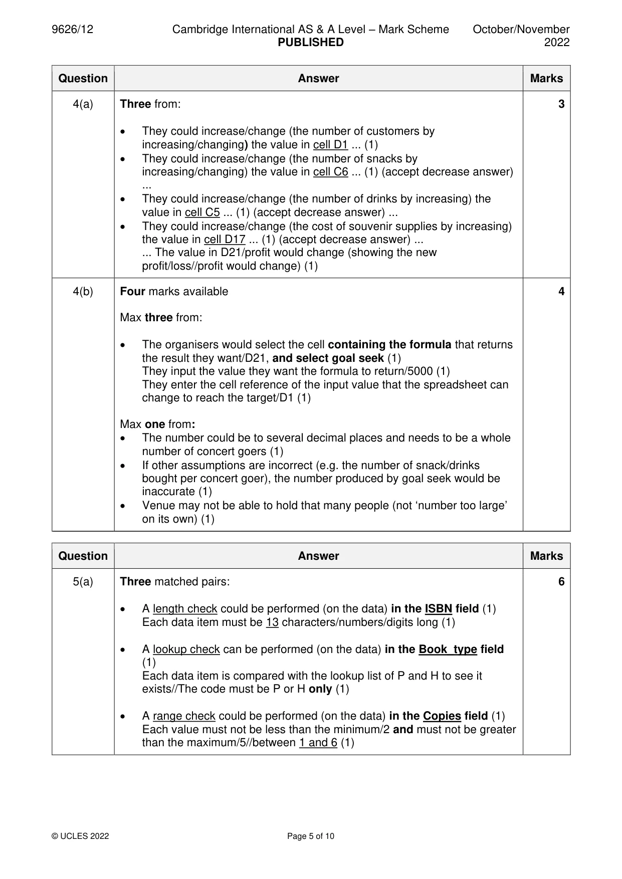 Mark scheme, page 5 of 10