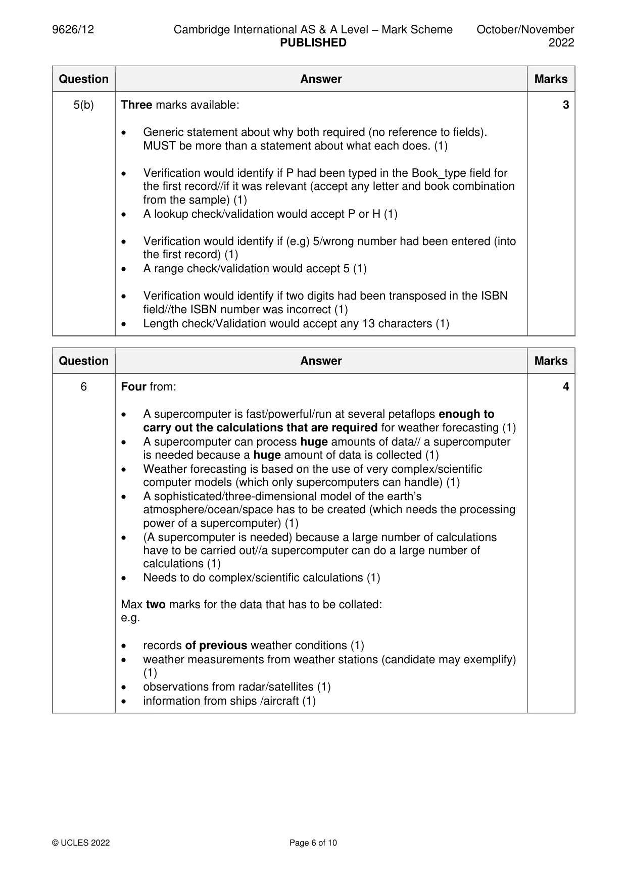 Mark scheme, page 6 of 10