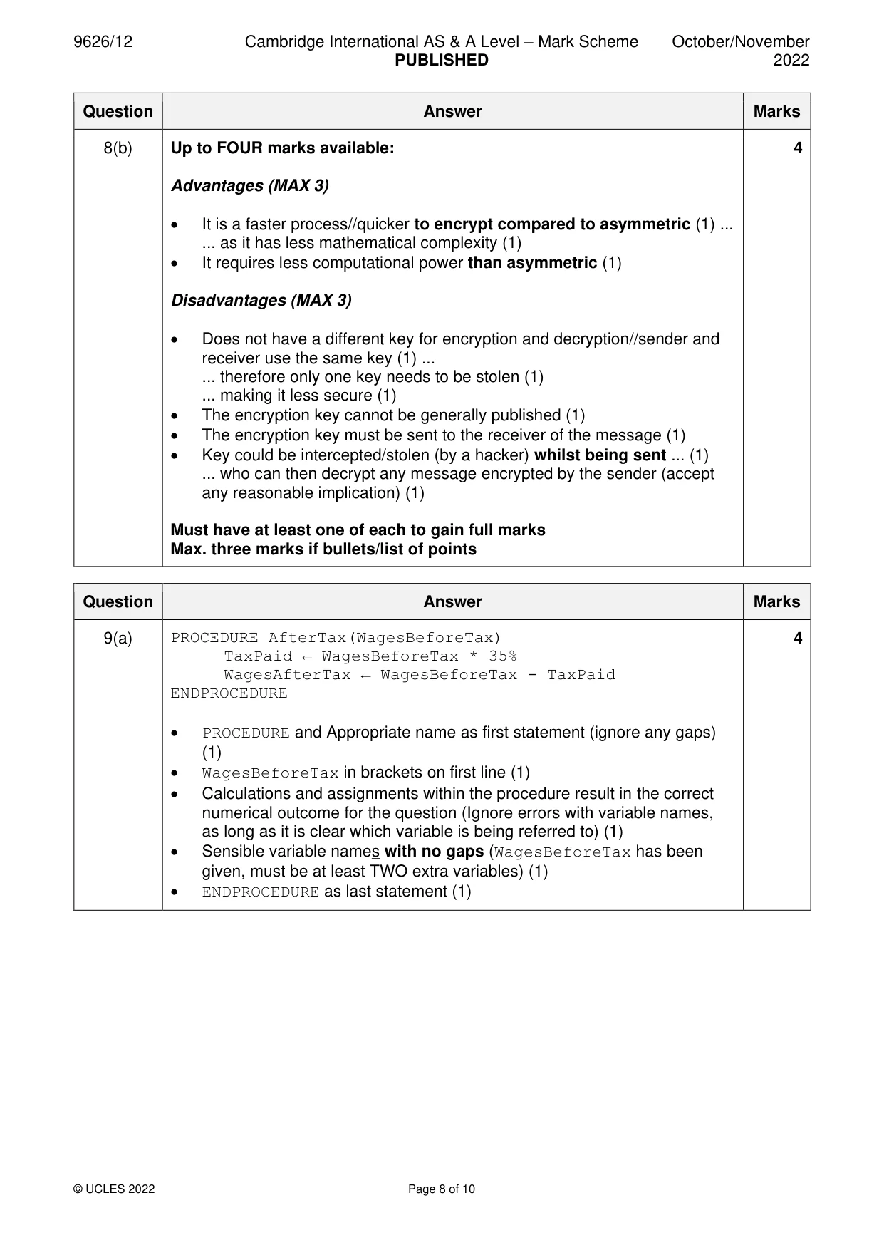 Mark scheme, page 8 of 10